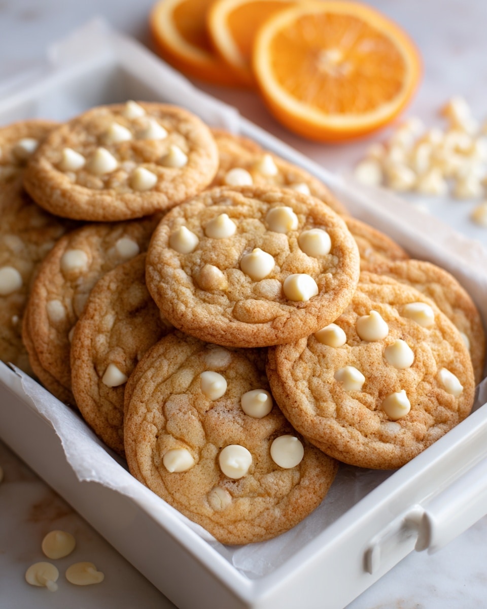 A silver metal baking tray holds twelve round orange cookies with white chips scattered on top, arranged in a neat 3 by 4 grid on white parchment paper. Each cookie has a soft textured surface with cracks and three to four white chips visible in irregular spots. On the bottom right, a spatula with a silver blade and a wooden handle lifts one cookie slightly. The tray rests on a white marbled surface with sliced dried oranges and small white chips around the edges. photo taken with an iphone --ar 4:5 --v 7