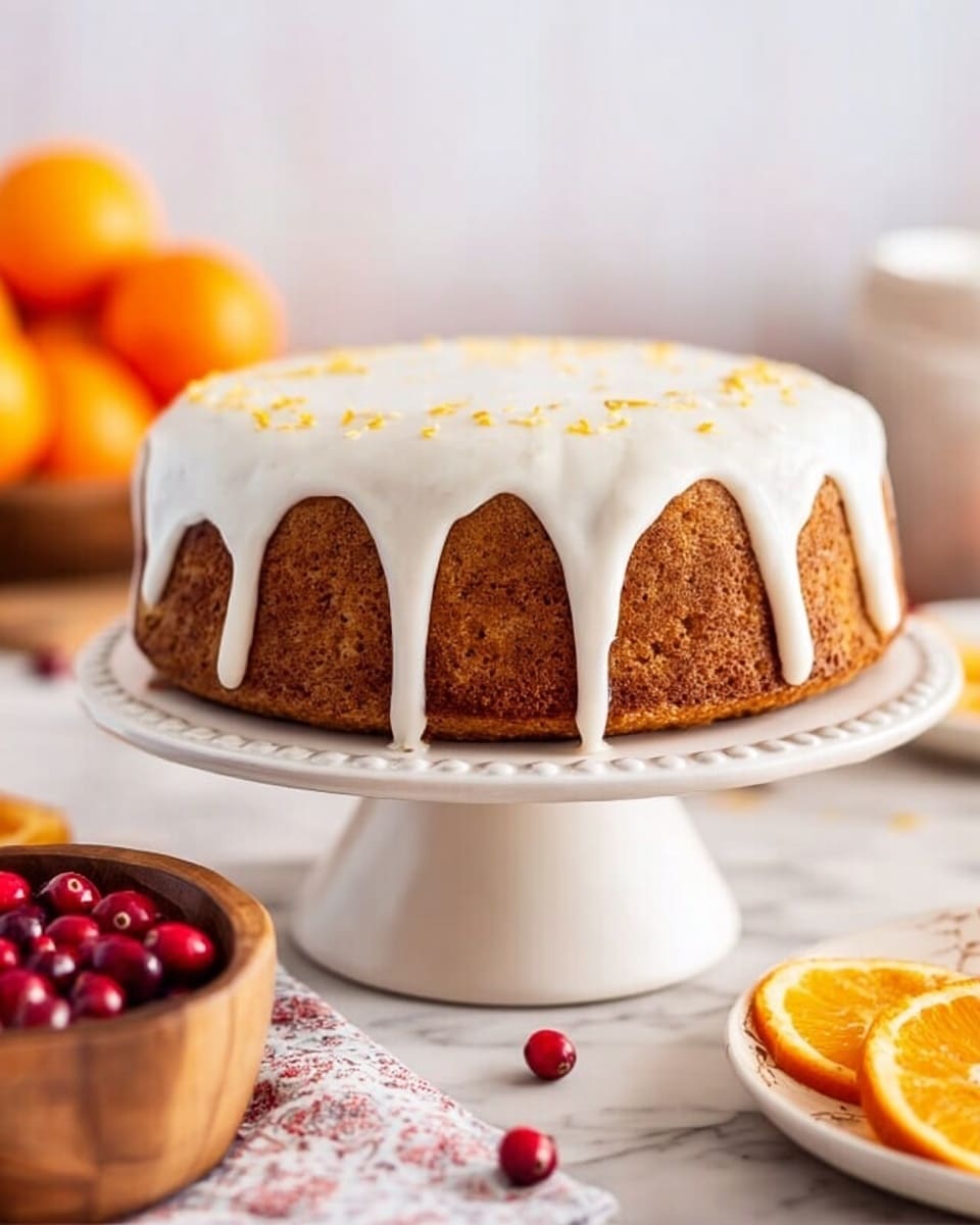 A round cake with one thick brown layer sits on a white cake stand with small raised dots around the edge. The cake is covered by a smooth thick white icing that drips down the sides in uneven streams. Small yellow sprinkles are scattered on top of the icing. In the background, there are orange slices and a wooden bowl of red cranberries on a white marbled surface. The scene looks bright with soft natural light. photo taken with an iphone --ar 4:5 --v 7
