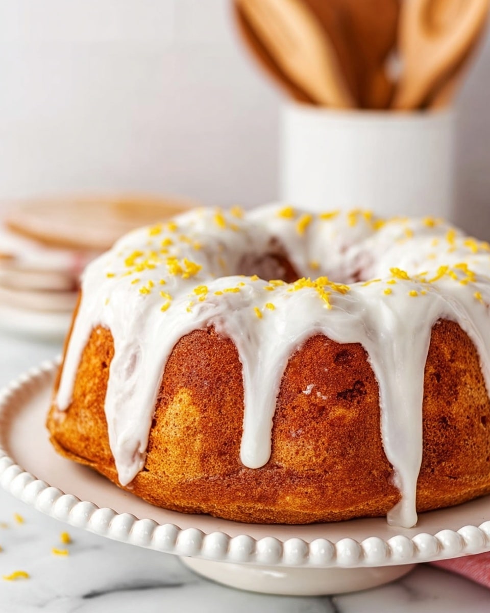 The image shows a single-layer bundt cake with a golden brown color and a soft, slightly textured surface. The cake is topped with thick white glaze that drips unevenly over the edges, creating a shiny contrast against the cake’s warm tone. Small yellow sprinkles are scattered lightly on top of the glaze, adding a pop of color. The cake sits on a white plate with a beaded edge detail, placed on a white marbled surface. The background is softly blurred but appears to have wooden kitchen utensils in a white container. photo taken with an iphone --ar 4:5 --v 7