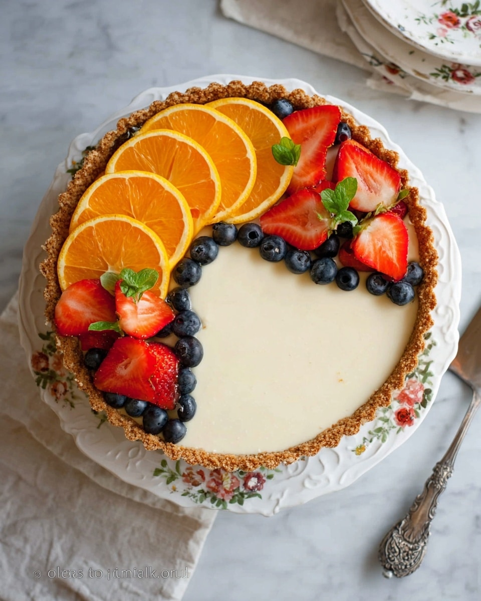 The image shows a tart with two main layers: a crumbly brown crust on the outside and a smooth creamy white filling inside. The top of the tart is decorated with three types of fruit arranged in a crescent shape on one side and a small cluster at the top. The fruit includes bright orange circular slices, red strawberry slices, and small dark blueberries scattered around. There are also a few small green leaves placed among the fruit for color contrast. The tart sits on a floral white plate, placed on a white marbled surface, with a silver cake server nearby. Photo taken with an iphone --ar 4:5 --v 7