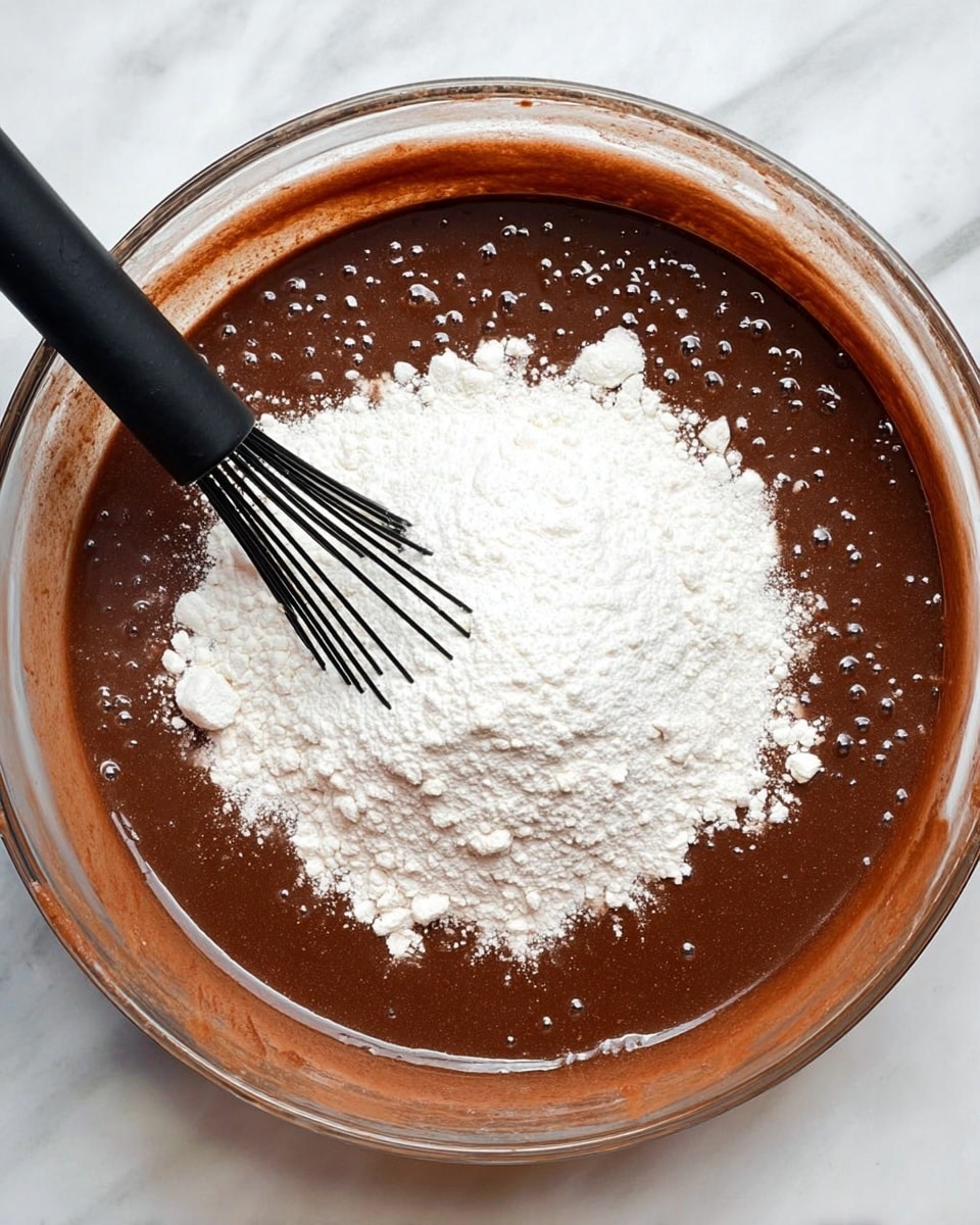 In a clear glass bowl placed on a white marbled surface, there is a dark brown, thick chocolate batter forming the first layer, smooth with small bubbles on the surface. On top, a mound of white flour with a slightly powdery texture sits in the center. A black whisk with a matte handle is partially submerged in the chocolate batter, positioned at the left edge of the flour. The sides of the bowl show chocolate batter streaks against the transparent glass, emphasizing the contrast between the rich brown and bright white flour. photo taken with an iphone --ar 4:5 --v 7