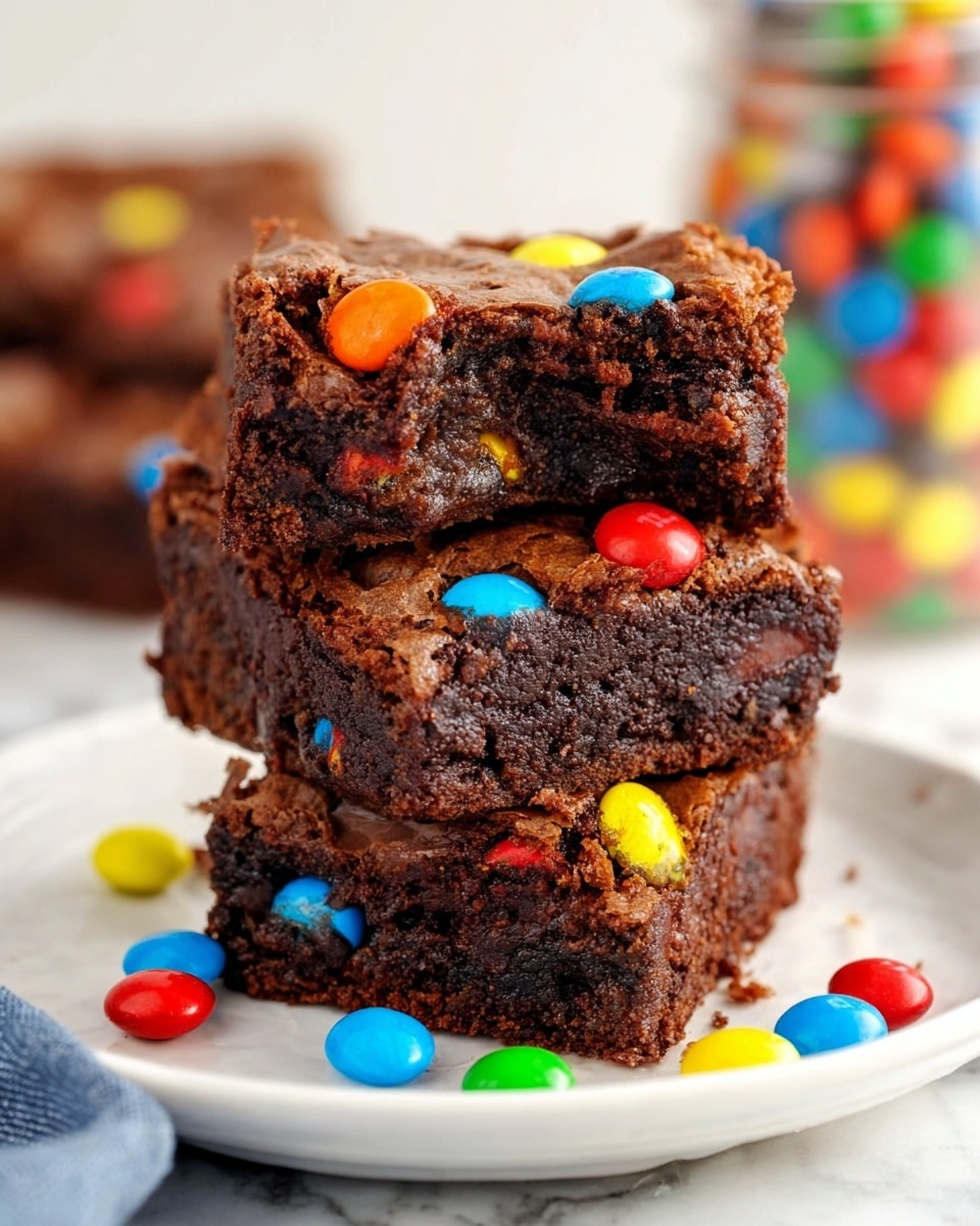 A stack of three thick, moist chocolate brownies is placed on a white plate sitting on a white marbled surface. The top brownie features a bite taken out, revealing a dense, fudgy texture inside. Each brownie is dark brown and studded with colorful candy-coated chocolates in bright blue, yellow, red, orange, and green, some pressed into the surface and some scattered around the plate. The edges of the brownies look slightly crisp, and the top has a crackly texture. The background is softly blurred with a jar of similar colorful candies visible. photo taken with an iphone --ar 4:5 --v 7