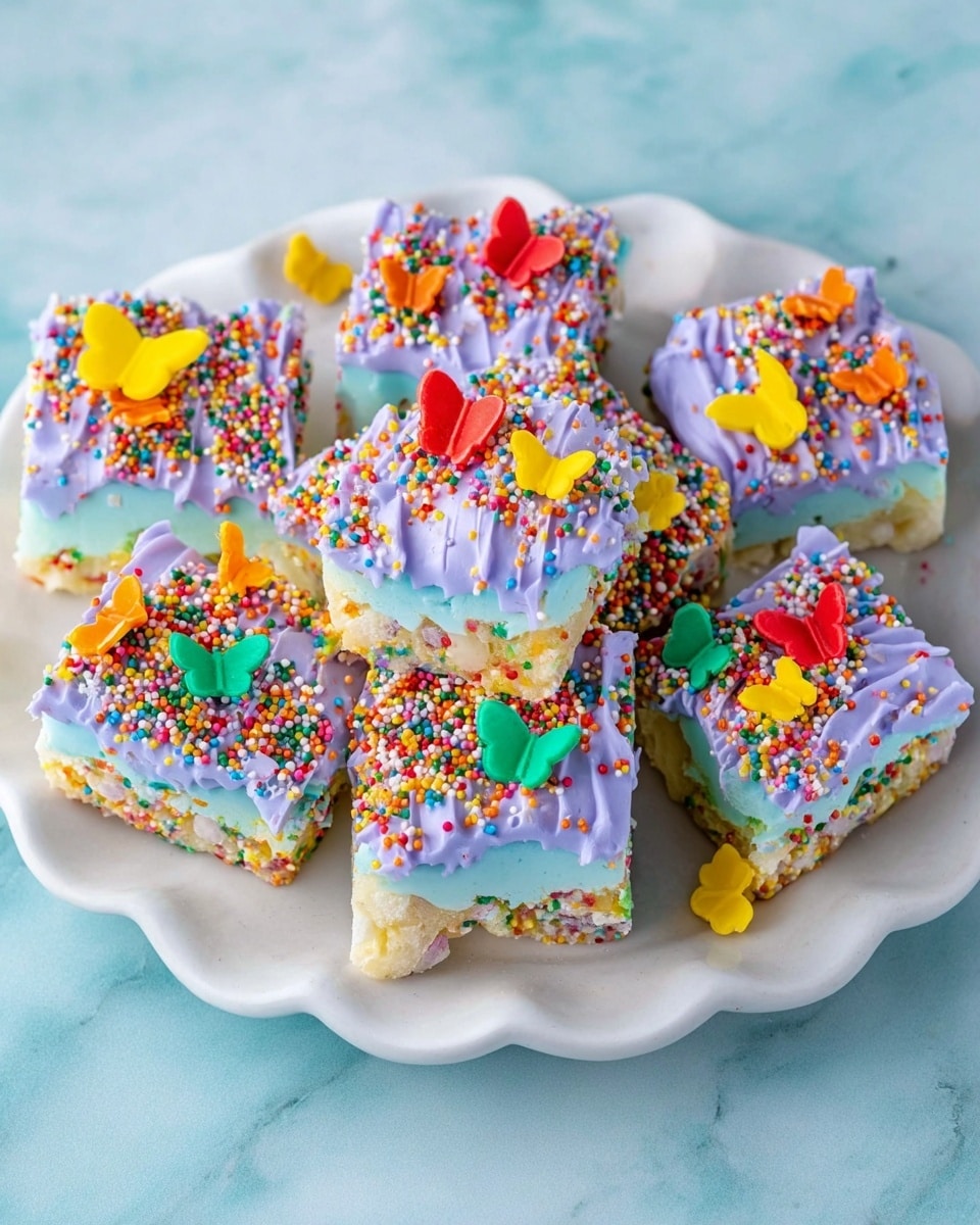 The image shows a white scalloped plate filled with small square treats that have three clear layers: the bottom is a pale creamy base, the middle is a light blue layer with a soft texture, and the top is a thick drizzle of lavender frosting with a smooth texture, decorated with colorful round and butterfly-shaped candy pieces in yellow, red, orange, and green. Multicolored tiny round sprinkles cover the top of each square, making the treats appear festive and bright. The plate is set on a white marbled surface. Photo taken with an iphone --ar 4:5 --v 7