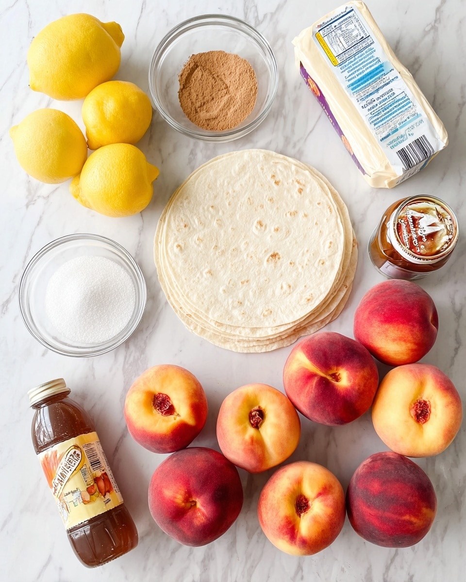 The image shows all the ingredients neatly arranged on a white marbled surface. There are two yellow lemons placed next to a stack of three round white tortillas in the center. Surrounding the tortillas, there are seven red and yellow nectarines and three orange and red peaches. Nearby, a small clear bowl with light brown sugar sits below another clear bowl with white granulated sugar. A small glass bowl filled with ground cinnamon is at the top left. On the right, there is a block of butter wrapped in paper and two large containers: one with caramel syrup and the other with vanilla ice cream. The overall look is clean and bright with natural lighting. Photo taken with an iphone --ar 4:5 --v 7