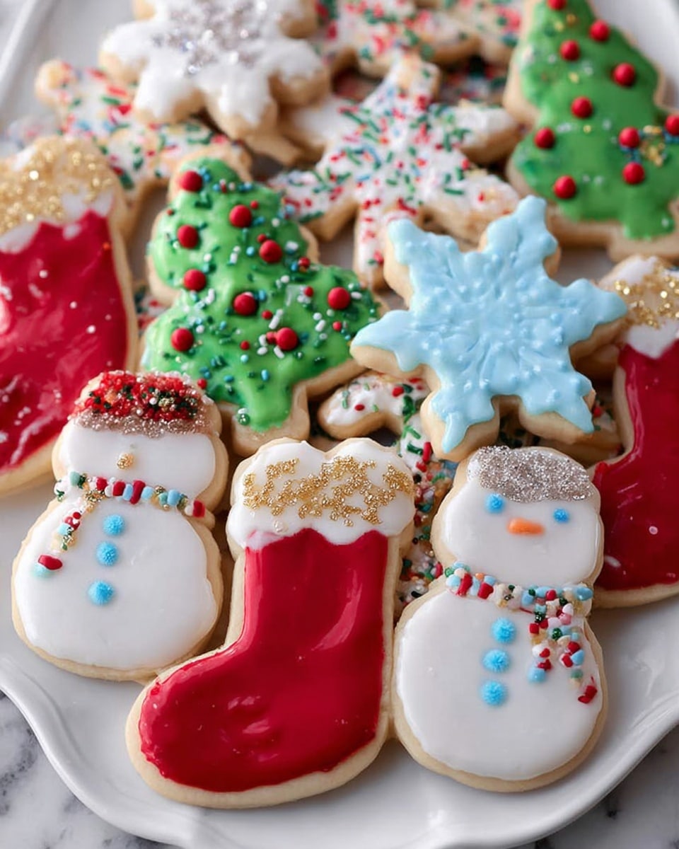 A white plate filled with various Christmas cookies decorated with smooth icing and colorful sprinkles. There are red stockings with green and red round sprinkles, green Christmas trees with multicolored dots and white, green, and red confetti sprinkles, white snowflakes covered with light blue round sprinkles, white clouds with small white dots, and snowmen with white icing, red and white dotted scarves, and blue buttons. Some cookies have gold sugar crystals on top, adding a sparkling texture. All cookies are stacked closely together on a white marbled surface. Photo taken with an iphone --ar 4:5 --v 7