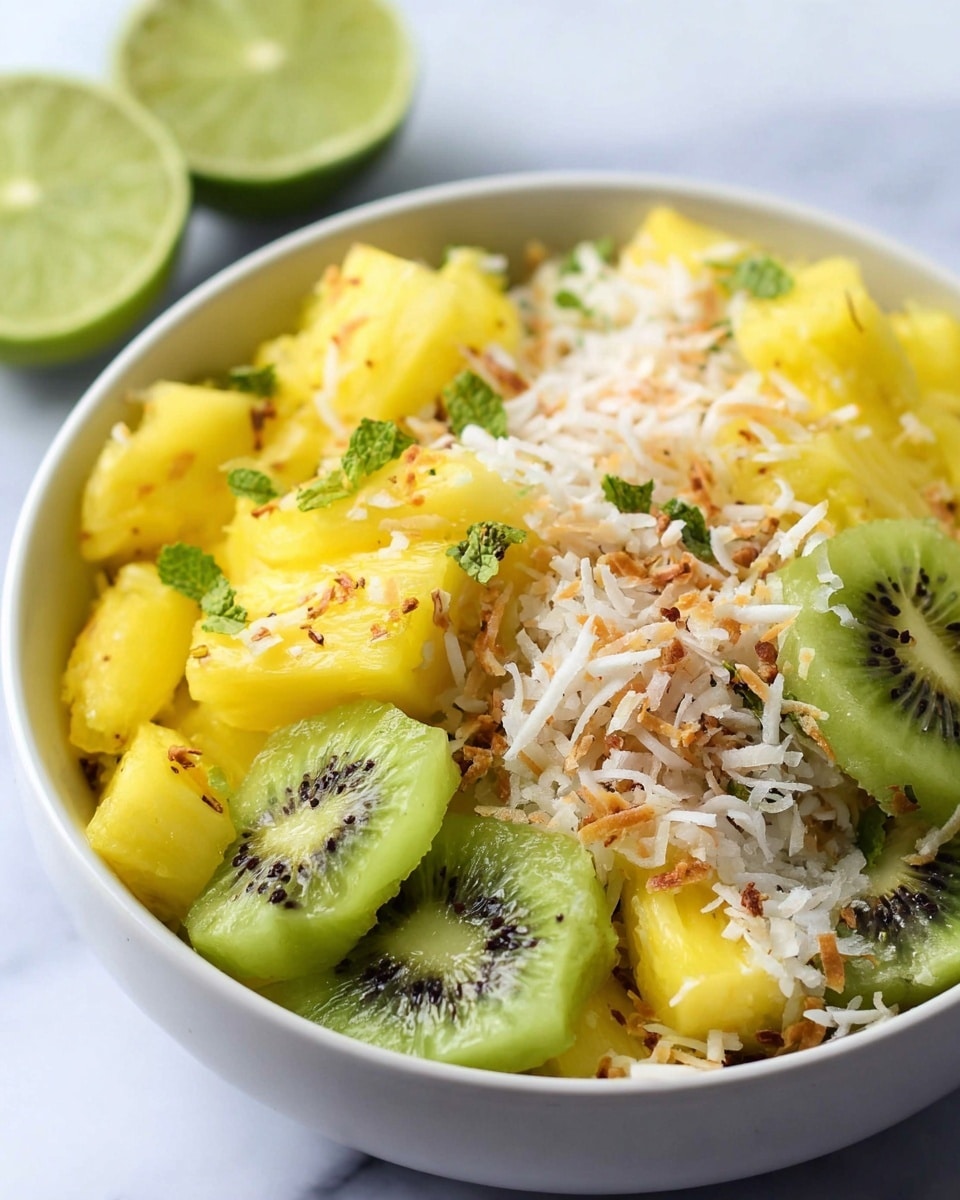 A close-up view of a fruit salad in a white bowl, filled with three main layers: large chunks of bright yellow pineapple pieces positioned throughout, slices of light green kiwi with visible black seeds arranged evenly, and a layer of shredded toasted coconut with a light brown and white texture scattered on top. There are small pieces of chopped fresh green mint leaves mixed evenly across the fruits. The bowl sits on a white marbled surface, with two halved limes blurred in the background. The colors are vibrant and fresh, giving a tropical, healthy feel. Photo taken with an iphone --ar 4:5 --v 7