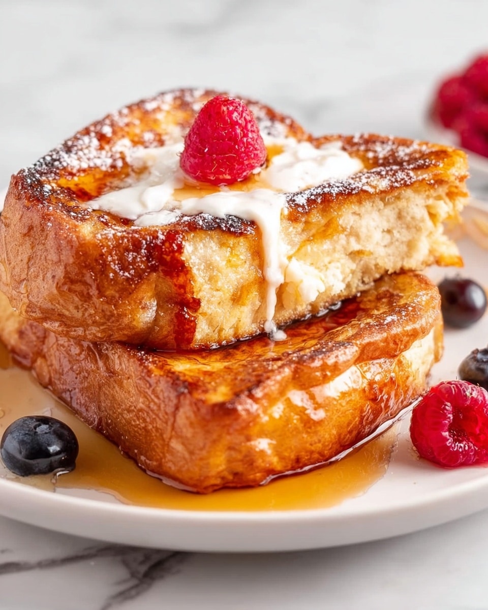 The image shows two thick slices of golden brown French toast stacked on a white plate. The bottom slice is fully visible with a slightly crispy, textured surface. The top slice is tilted, revealing its soft, airy inside. A small dollop of white cream with syrup drips over both slices, and a red raspberry with tiny seeds sits on top of the upper slice. A few more raspberries and blueberries are scattered on the white marbled surface around the plate, adding color contrast. The overall look is warm and inviting, with syrup glistening lightly on the toasts. Photo taken with an iphone --ar 4:5 --v 7