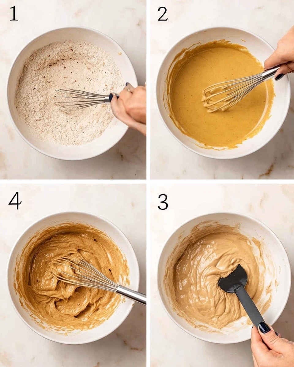 The image shows four steps of mixing batter in clear or white bowls placed on a white marbled surface. The first bowl contains a light beige dry mix with visible specks, being stirred with a whisk held by a woman's hand with dark nail polish. The second bowl shows a smooth, thick, mustard-yellow liquid being whisked, with the whisk held by the same woman's hand. The third bowl has a thick, lumpy brown batter with visible blended bits, being mixed with a black spatula. The fourth bowl shows a smooth, creamy beige batter being folded with a black spatula, held by a woman's hand. Each step is numbered from 1 to 4 in the top left corner of each section. photo taken with an iphone --ar 4:5 --v 7