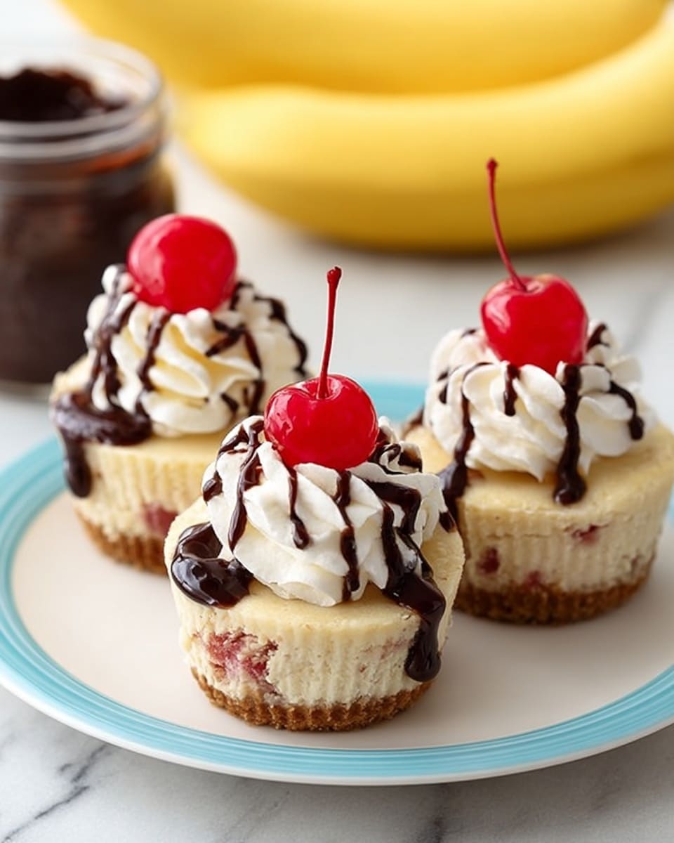 Three mini cheesecakes are arranged on a white plate with a light blue rim, placed on a white marbled surface. Each cheesecake has a thick creamy base with bits of reddish fruit visible inside. On top of each, there is a swirl of white whipped cream, drizzled with dark chocolate sauce. A bright red cherry with a stem is placed on top of the whipped cream on each cheesecake. In the background, a yellow banana and a glass jar filled with chocolate are slightly out of focus. photo taken with an iphone --ar 4:5 --v 7