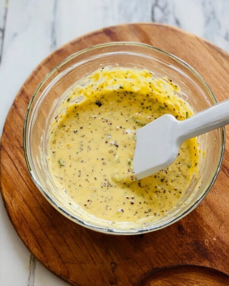A clear glass bowl sits on a round wooden board with thick yellow batter inside, mixed with small green and black bits. A white spatula with a silver handle rests inside the bowl, partially dipped in the batter, showing its thick and speckled texture. The background has a white marbled surface. photo taken with an iphone --ar 4:5 --v 7