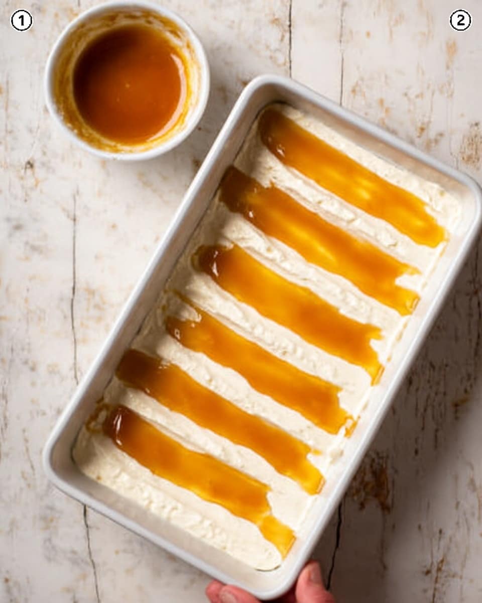 A rectangular white pan holds a dessert with one visible layer of smooth white cream. On top, seven long, thin strips of bright orange topping are evenly spaced across the cream, each strip having a shiny, syrupy texture. The pan is placed on a white marbled surface, and a small white bowl with more of the orange topping sits near the top left corner of the image. A woman's hand is gently holding the pan on the right side. Photo taken with an iphone --ar 4:5 --v 7