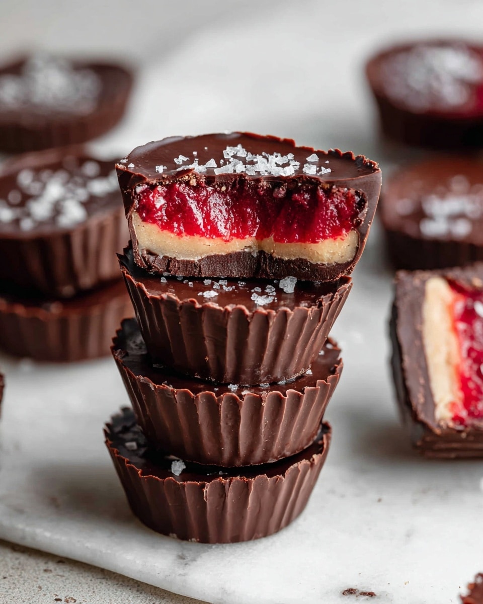 The image shows a stack of chocolate cups with three layers each, placed on a white marbled surface. The bottom layer is dark chocolate with a smooth texture, forming the cup base and sides. The middle layer is a bright red and creamy light beige, giving a fresh and rich look. The top layer is glossy dark chocolate sprinkled with coarse white salt flakes, adding contrast and texture. One of the chocolate cups at the top of the stack is cut in half, showing the inside layers clearly, while some whole and partially eaten cups are blurred in the background. Photo taken with an iphone --ar 4:5 --v 7