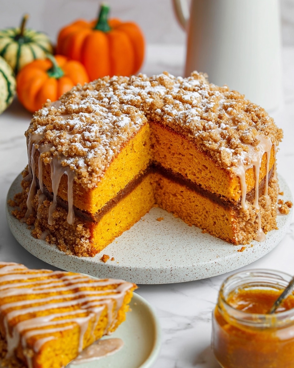 A two-layer orange cake sits on a white plate with a rough texture. The cake layers are bright orange and soft-looking, separated by a strip of smooth brown filling. The top of the cake is covered with a crumbly, darker orange streusel layer, dusted with white powdered sugar. Over the streusel, a light brown glaze is drizzled in a crisscross pattern, some running down the sides. A slice of the cake is lifted, showing the inside clearly. The setup is on a white marbled surface, with small orange and green pumpkins and a glass jar of orange spread in the background. Photo taken with an iphone --ar 4:5 --v 7