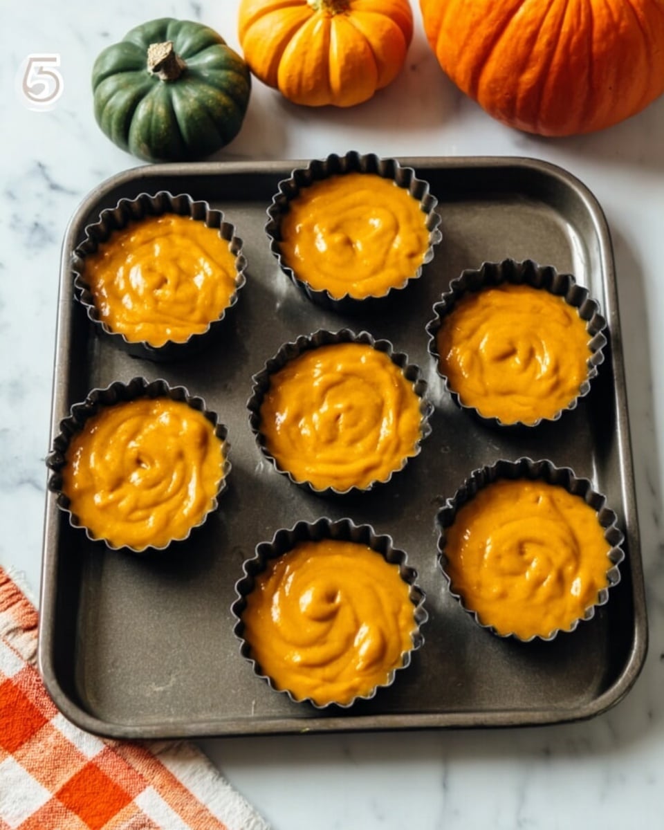 The image shows a dark metal baking tray holding six small black fluted tart pans filled with smooth, bright orange pumpkin batter. The tray sits on a white marbled surface with three decorative pumpkins nearby: one orange and two in green shades. The pumpkin batter in each tart pan looks creamy with slight swirls on top, filling each pan almost to the edge. A corner of a checkered orange and white cloth is visible at the bottom left of the image. photo taken with an iphone --ar 4:5 --v 7