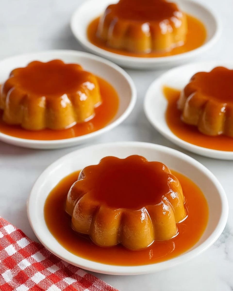 The image shows four small white plates, each with a single pudding-like dessert centered on them. Each dessert has a flower-like shape with rounded petals and is covered by a smooth, shiny caramel sauce that pools slightly around the base on the plate. The caramel sauce is a rich amber color, contrasting gently with the lighter brown of the pudding underneath. The plates are placed on a white marbled surface, and a corner of a red and white checkered cloth is visible in the lower left of the image. The overall look is clean and simple, focusing on the glossy texture of the caramel and the soft shape of the desserts. photo taken with an iphone --ar 4:5 --v 7