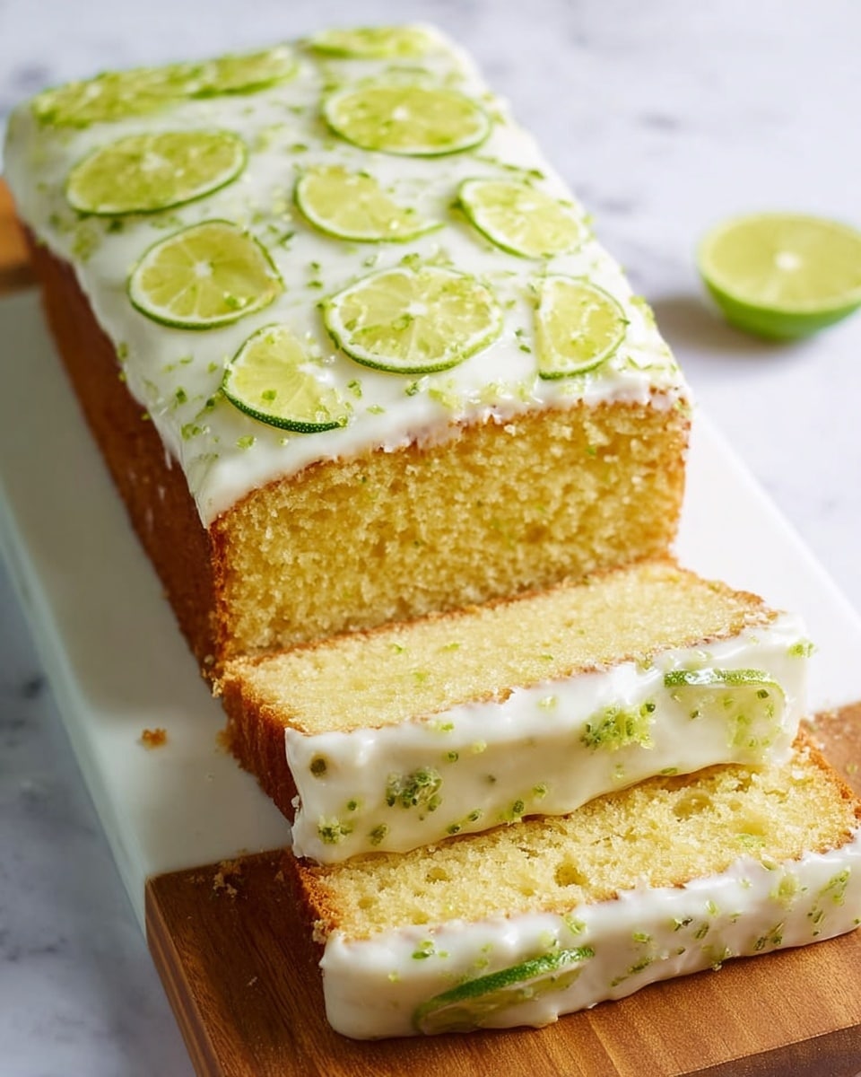 The image shows a rectangular lemon cake with three visible layers: the bottom two are fluffy, golden-yellow cake layers with a moist texture, and the top layer is white lemon frosting with small green zest bits throughout. The frosting covers the entire top and sides of the cake and is decorated with thin half-moon slices of lime spread evenly across the top and the edges of the sides. The cake sits on a white plate with a wooden board underneath, placed on a white marbled surface. A slice of the cake is slightly pulled out in front to show the inside texture, and a woman's hand is not visible here. photo taken with an iphone --ar 4:5 --v 7