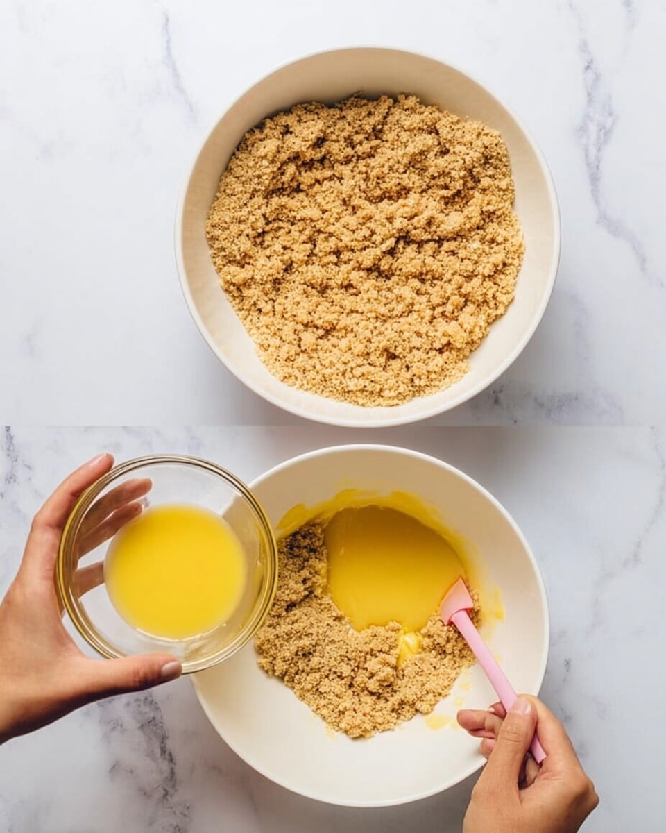 The image shows two white bowls on a white marbled surface. The bowl on the left is filled with a crumbly light brown mixture, with a woman's hand holding a small glass bowl of melted yellow butter just above it, ready to pour. The bowl on the right has the same crumbly mixture, now partially mixed with the yellow butter creating a wetter, uneven texture. A woman's hand holds the white bowl, while the other woman's hand stirs the mixture with a small pink spatula. The contrast between the dry crumbs and the shiny wet mixture is clear. Photo taken with an iphone --ar 4:5 --v 7