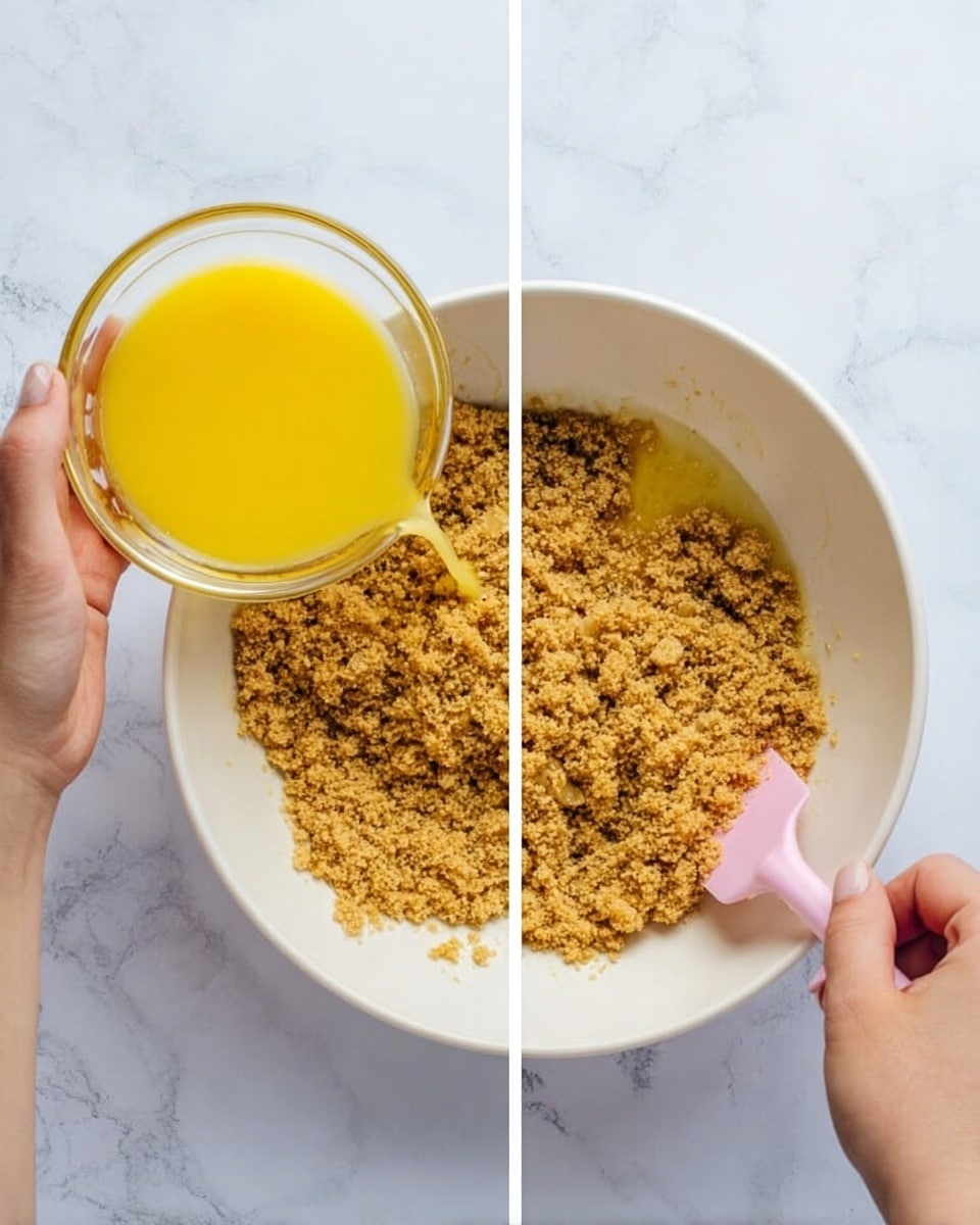 A white bowl sits on a white marbled surface with a crumbly light brown mixture inside. A woman's hand is holding a small clear glass bowl filled with bright yellow melted butter, pouring it over the crumbly mixture. In the next frame, a woman's hand holds the white bowl steady while another woman's hand uses a pink spatula to mix the yellow butter and crumbly mixture together, creating a textured, uneven combination of golden yellow and light brown crumbs. photo taken with an iphone --ar 4:5 --v 7
