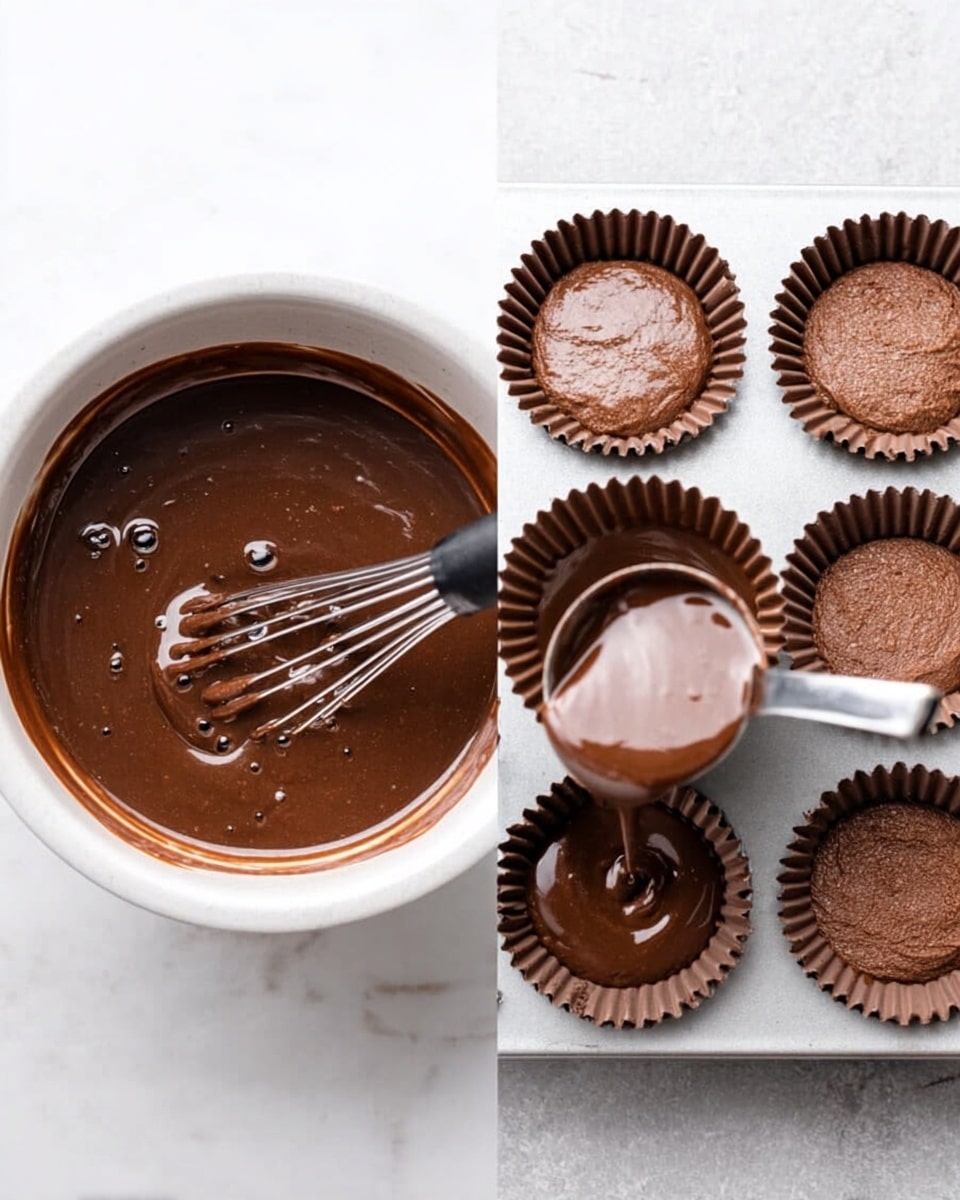 The image shows two scenes side by side on a white marbled surface. On the left, a white bowl is filled with smooth, shiny chocolate batter with a black whisk inside, the batter's dark brown color looks thick and creamy with a few small bubbles. On the right, a white metal cupcake tray holds brown cupcake liners, and rich chocolate batter is being poured from a silver scoop into one liner, the batter looks thick and smooth as it flows down in a thick stream. Photo taken with an iphone --ar 4:5 --v 7