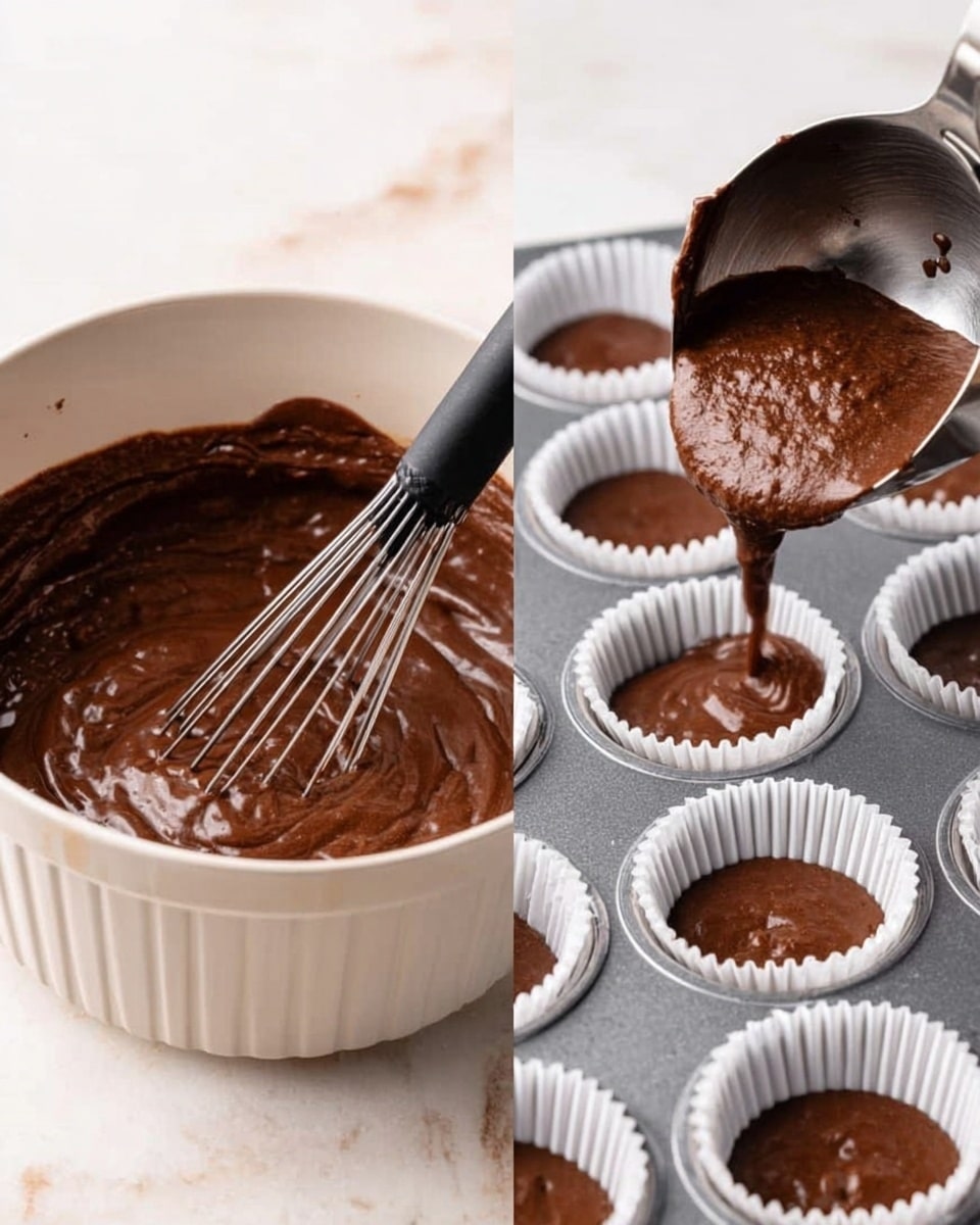 The image shows two scenes side by side on a white marbled surface. On the left, a white bowl filled with smooth, shiny dark brown chocolate batter has a black whisk inside, mixing it gently with a slightly bumpy texture. On the right, a silver metal scoop is pouring the same dark brown batter into white cupcake liners inside a metal cupcake tray, with the batter thick and creamy, filling the liners about halfway. The background features soft brown blurred patterns. Photo taken with an iphone --ar 4:5 --v 7