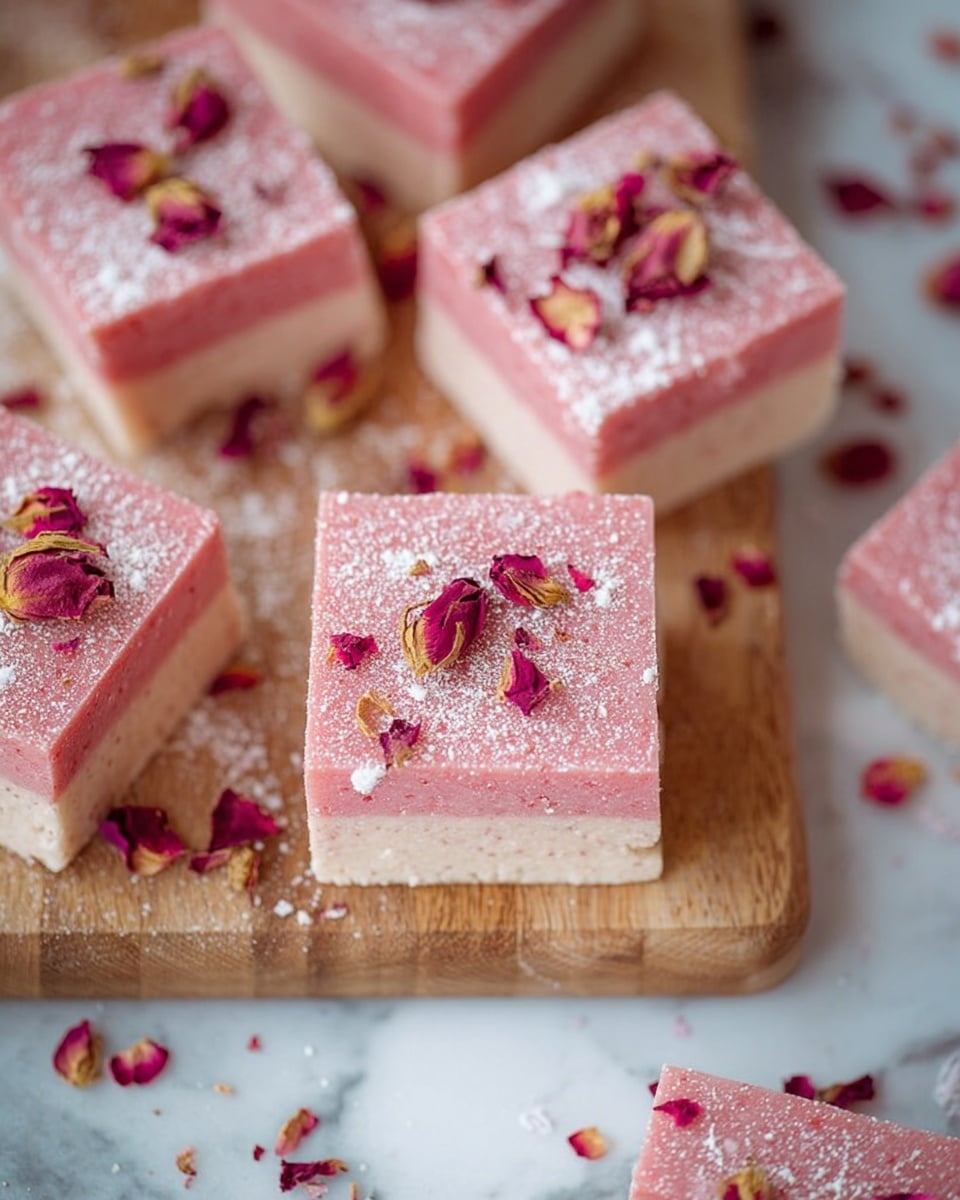 The image shows several square pieces of a light beige dessert with a smooth texture and topped with a thin layer of pink powder. Each piece is decorated with small dried rose petals and tiny white flakes. The pieces are placed on a light wooden board with a handle, which rests on a white marbled surface dusted with pink powder and scattered rose petals. One stack of three squares is visible on the top left corner of the board. Nearby, there is a small round wooden bowl filled with pink powder and a wooden scoop with a round end, also coated with pink powder. The overall look is soft and delicate, with a gentle pastel palette. Photo taken with an iphone --ar 4:5 --v 7