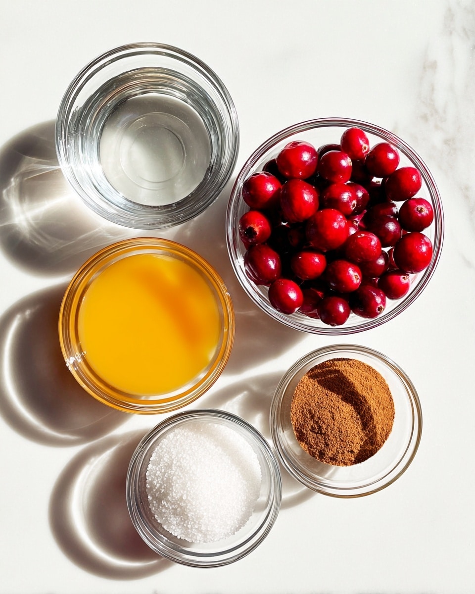 Six small clear glass bowls are arranged on a white marbled surface. The largest bowl is filled with bright red cranberries, placed on the right side. Above it, a bowl holds white granulated sugar, and to the left of that is a bowl with clear water. Below these, a bowl contains a smooth orange juice layer, and near the bottom center is a bowl filled with brown cinnamon powder. To the right of the cinnamon, the smallest bowl has coarse white salt. The light creates soft shadows and reflections, making the colors and textures stand out brightly. Photo taken with an iphone --ar 4:5 --v 7