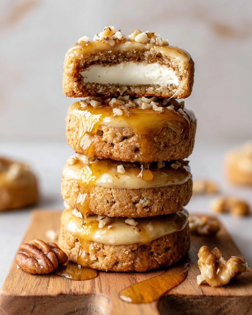 A stack of four round cookies on a wooden board with a white marbled background. Each cookie has a rough, crumbly light brown crust and is topped with a shiny honey glaze with small chopped nuts sprinkled on it. The top cookie is broken in half, showing a thick, smooth, creamy white filling inside. Scattered around the base are some whole and chopped walnuts along with drops of honey. The photo taken with an iphone --ar 4:5 --v 7