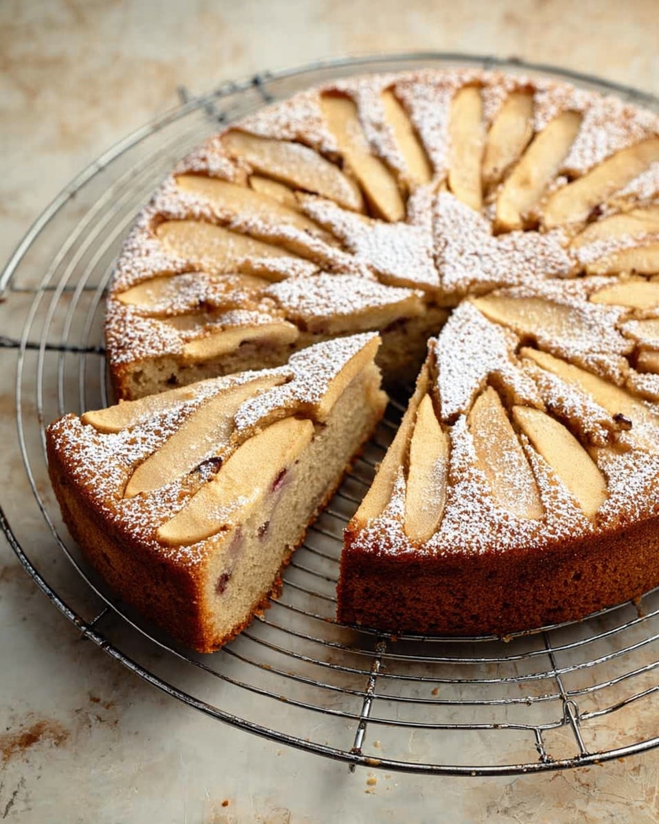 A round cake with a golden brown crust sits on a metal cooling rack over a white marbled surface. The cake has one slice taken out, showing a soft, light beige inside with small dark specks. On top, there are many thin, pale slices of apple arranged in a circular pattern. The entire top is dusted with a light layer of white powdered sugar. Photo taken with an iphone --ar 4:5 --v 7