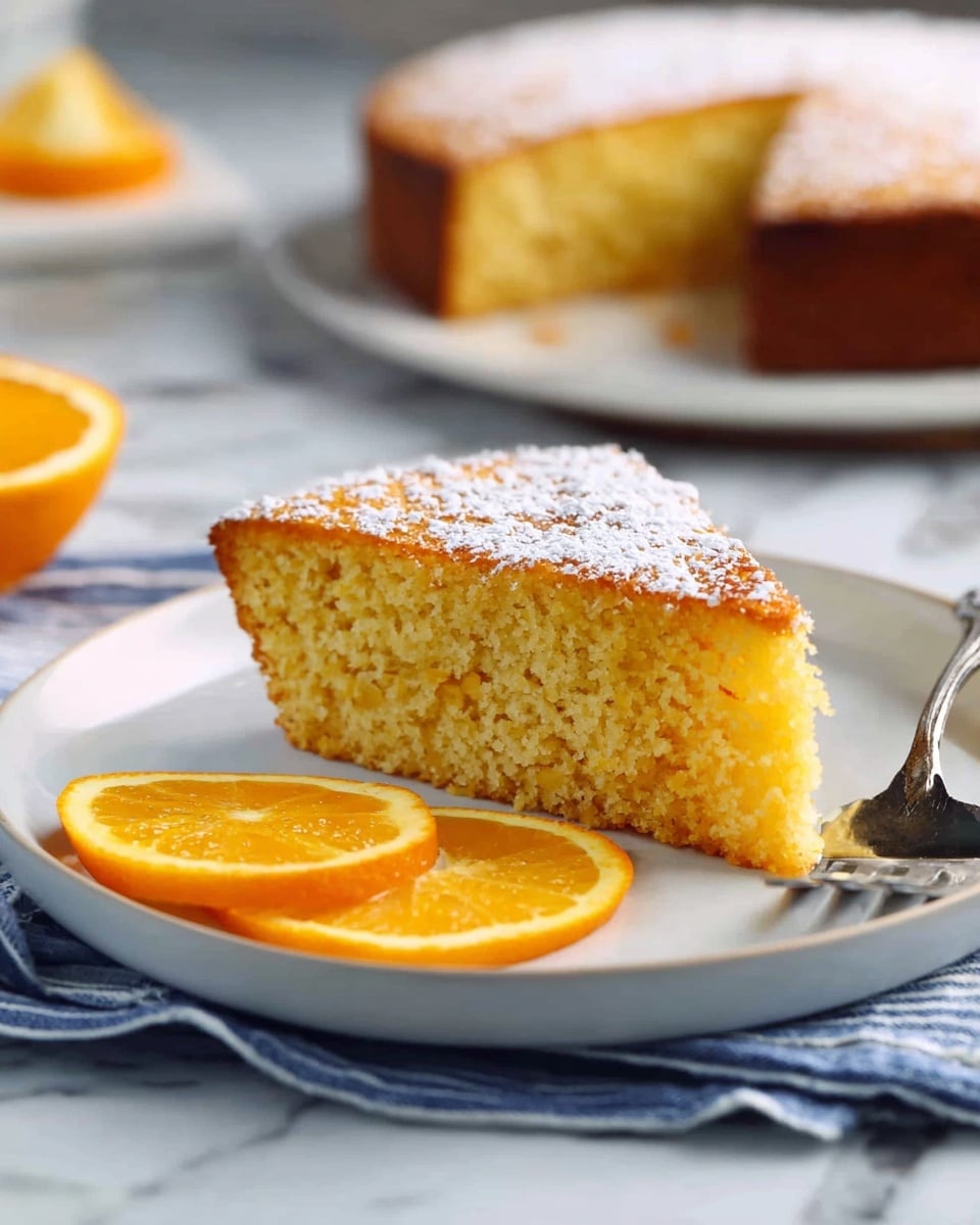 A single slice of orange cake with a soft, moist texture is placed in the center of a white plate. The cake has a golden brown crust with a light dusting of powdered sugar on top. Next to the cake, there are two bright orange slices, adding a fresh touch. A small silver fork is placed to the right side of the slice. The plate sits on a blue and white striped cloth over a white marbled surface. In the background, the rest of the cake is slightly blurred but visible, showing a round shape with the same golden brown color. photo taken with an iphone --ar 4:5 --v 7