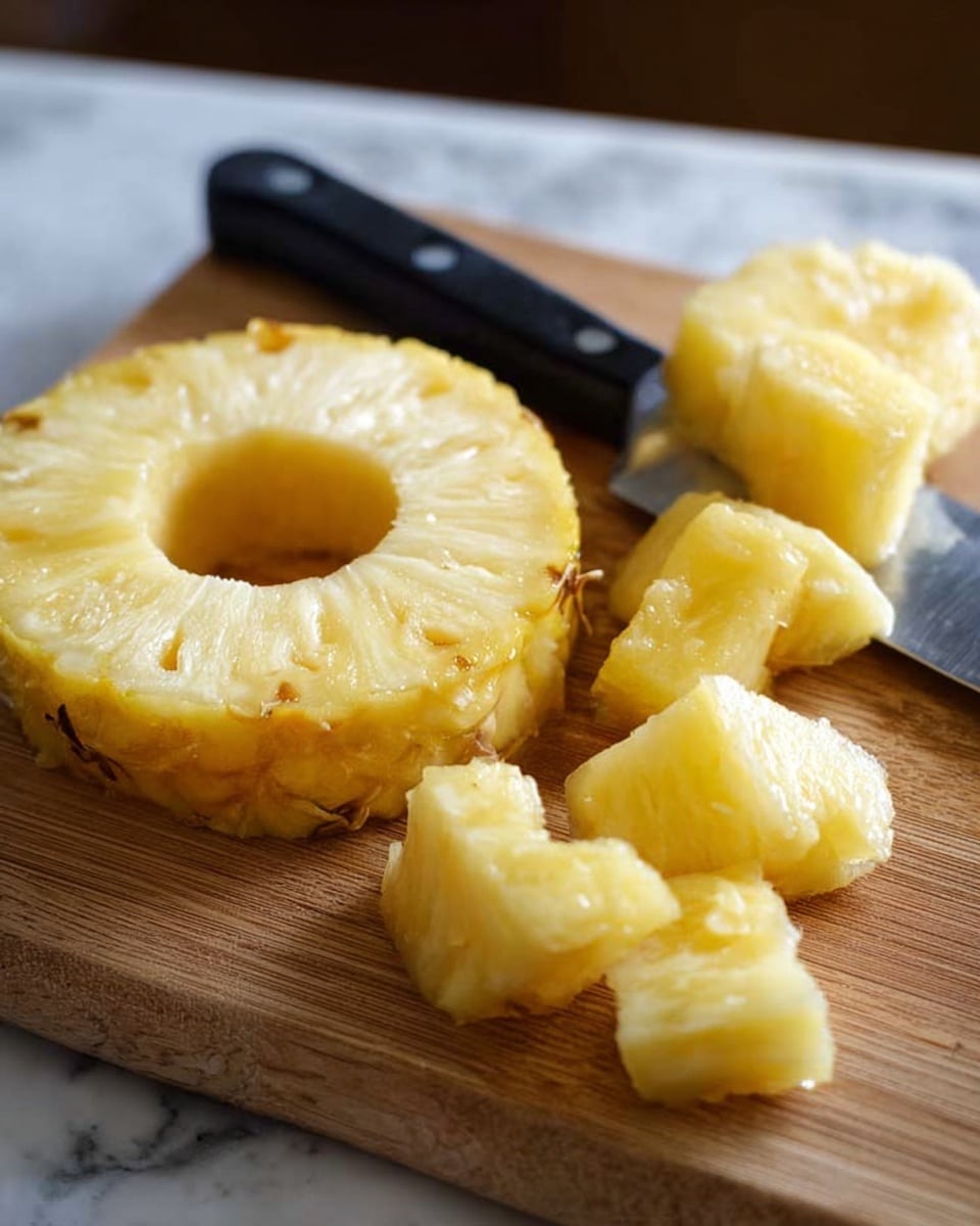 The image shows a wooden cutting board with a sliced pineapple ring and several pineapple chunks placed in front of it. A black-handled knife lies behind the pineapple pieces on the board. The pineapple is pale yellow with a juicy texture, and the pieces are arranged with the ring in the back and the smaller chunks in the front, all on a white marbled surface. photo taken with an iphone --ar 4:5 --v 7