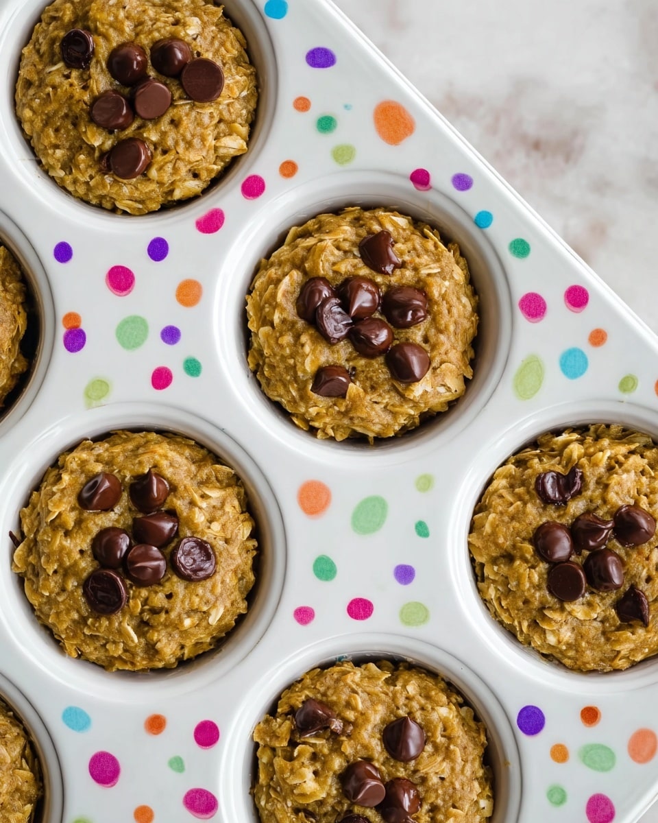 The image shows muffins inside a white baking tray with colorful small dots all over it. Each muffin has one layer of light golden brown oat batter mixed with dark brown chocolate chips scattered on top, some partially melted. The muffins appear moist and soft with a rough texture on the surface from the oats. The muffins are round and fit perfectly inside each compartment of the tray. The background is a white marbled surface. photo taken with an iphone --ar 4:5 --v 7