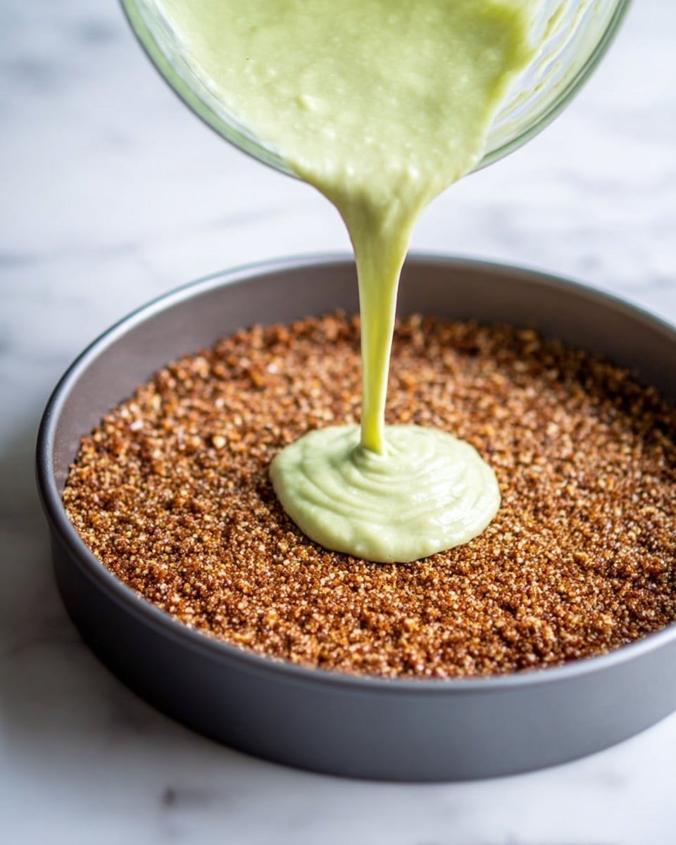 The image shows a round gray baking pan with a coarse, brown crumb layer evenly pressed at the bottom, resembling a crust made from nuts or crushed cookies. On top of this layer, near the center, there is a dollop of thick, smooth, light green mixture being poured from a glass bowl held above. The background is a white marbled surface. Photo taken with an iphone --ar 4:5 --v 7