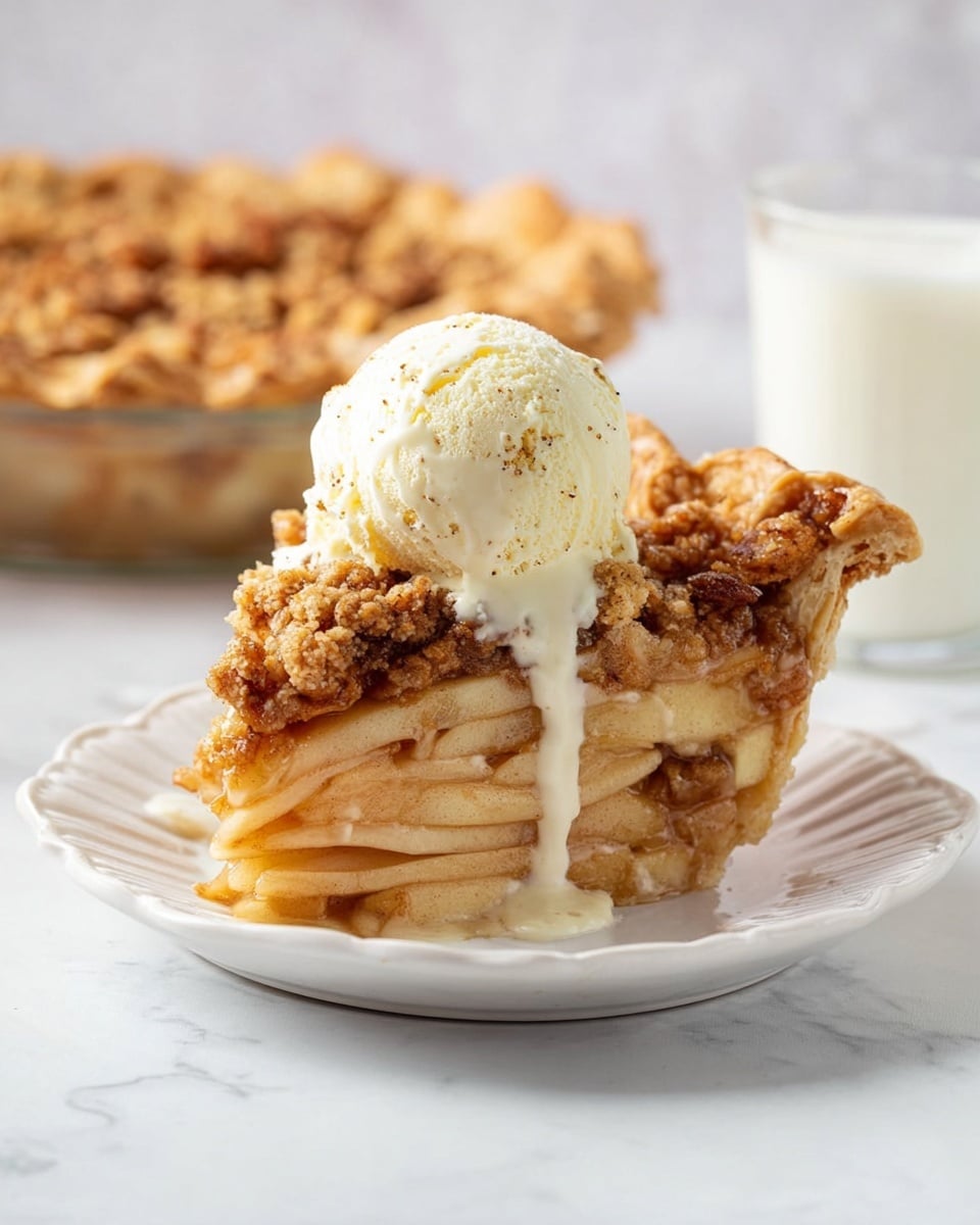 A slice of pie sits on a white scalloped plate on a white marbled surface. The pie has many thin, pale tan apple layers stacked horizontally in the middle, topped with a crumbly golden brown streusel crust that has darker brown bits. A scoop of pale cream vanilla ice cream with small vanilla bean specks rests on top of the pie, slightly melting and dripping onto the pie slice. In the background, there is a clear glass of milk and a blurred hint of the whole pie. photo taken with an iphone --ar 4:5 --v 7