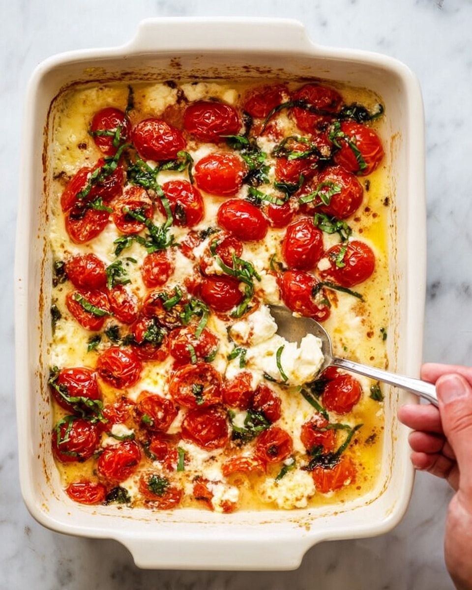 A white rectangular baking dish filled with a baked mixture of red cherry tomatoes and melted, creamy white cheese, scattered with fresh green basil leaves. The tomatoes are whole and soft, with some broken open, adding a juicy red layer on top while the cheese beneath looks bubbly and slightly browned on the edges. A woman's hand holding a silver spoon is scooping a portion from the center, showing a bit of the creamy inside mixing with the tomatoes. The dish sits on a white marbled surface. photo taken with an iphone --ar 4:5 --v 7