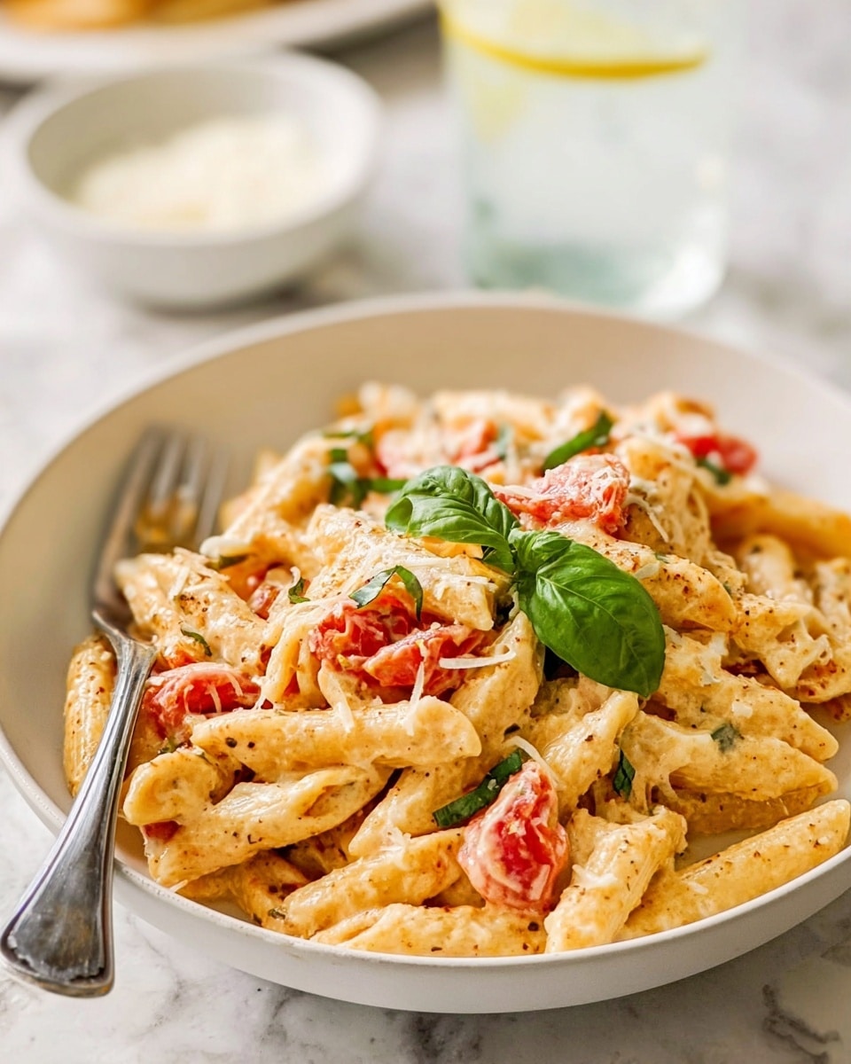 The image shows a white shallow bowl filled with creamy penne pasta. The pasta is coated in a pale yellow creamy sauce with small bits of red cooked tomatoes scattered throughout, giving a soft texture, and green basil leaves placed on top and mixed inside. White grated cheese is sprinkled lightly over the pasta. A silver fork is placed in the pasta on the left side of the bowl. In the blurred background, there is a white bowl with extra grated cheese and a glass of water with a lemon slice. All of this sits on a white marbled surface. Photo taken with an iphone --ar 4:5 --v 7