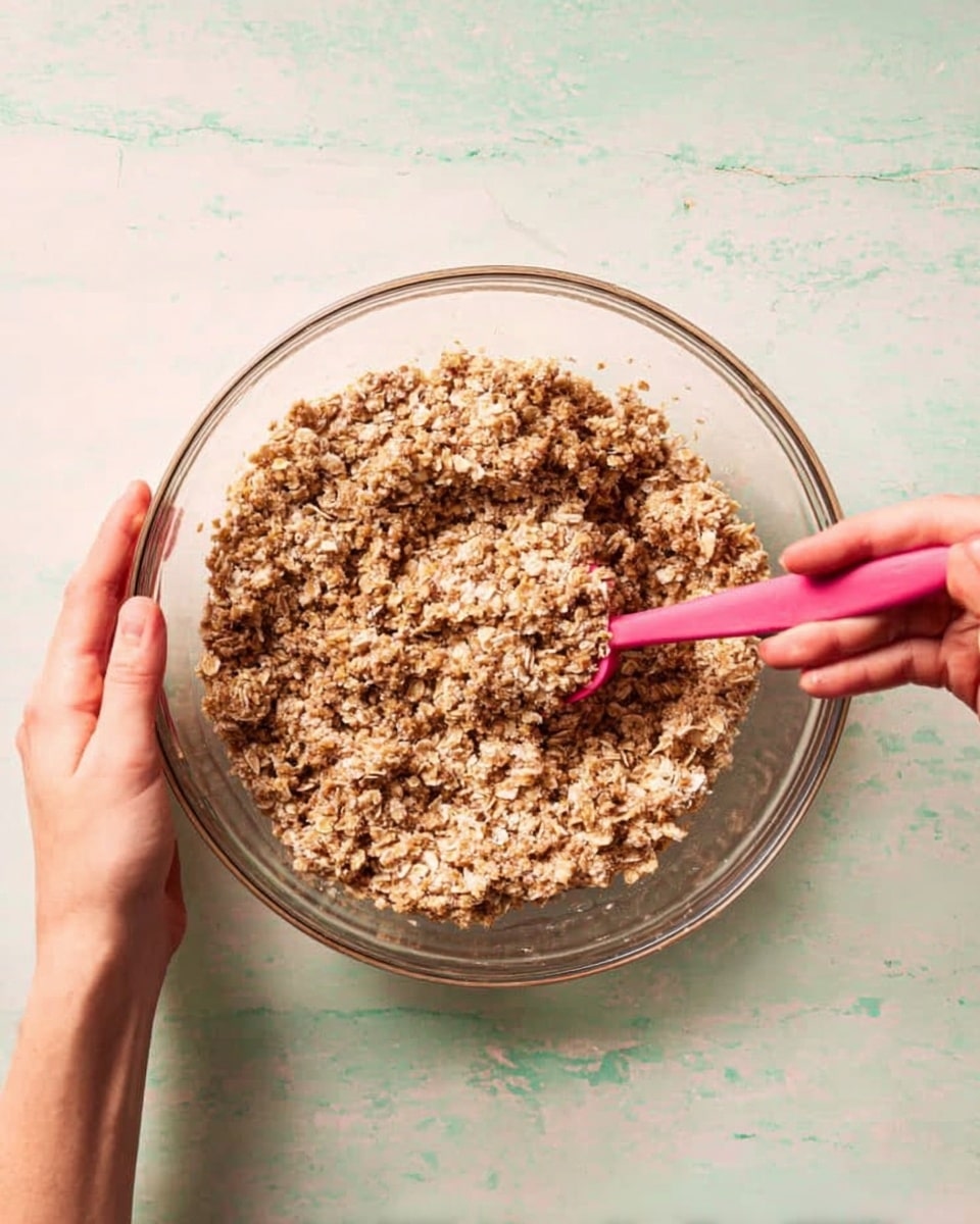 A clear glass bowl is filled with a crumbly oat mixture that looks dry and rough in texture. The mixture has a light brown color with bits of darker brown throughout. A woman's hand holds the bowl steady while the other woman's hand stirs with a pink spatula. The background shows a white marbled surface under the bowl. photo taken with an iphone --ar 4:5 --v 7