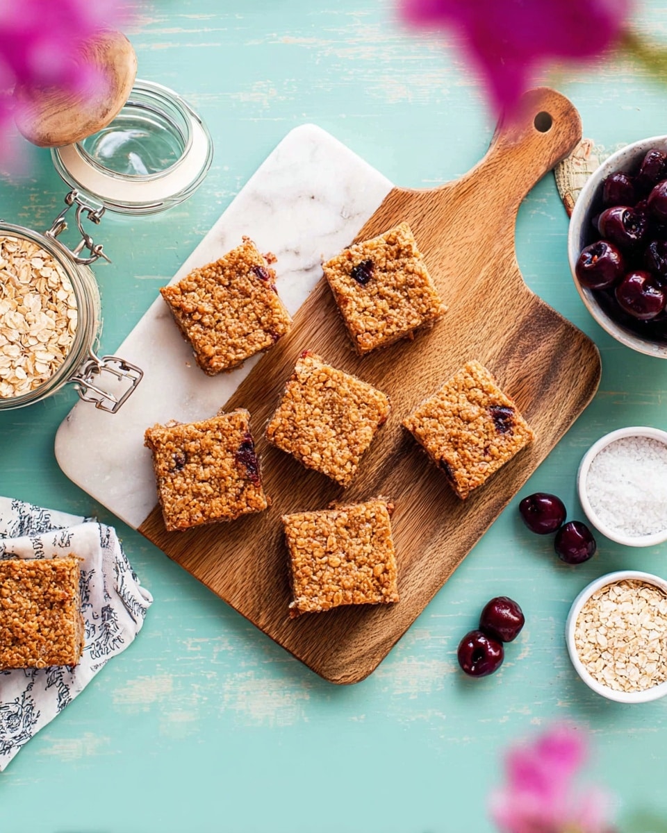 There are seven square oat bars with a rough, golden-brown top layer arranged on a wooden board, each piece textured with visible oats and a slightly uneven surface. One bar has a lighter color with dark spots inside, suggesting added ingredients like dried fruit. Around the wooden board, more oat bars are placed directly on a white marbled surface. Near the top right corner of the board, there is a small white bowl filled with dark red cherries, and a small white bowl filled with white coarse grains on the upper right side. On the upper left, there is a glass jar filled with oats with a metal clasp, and at the bottom left, blurred pink and white flowers add a soft touch. The whole scene sits on a light turquoise background, photo taken with an iphone --ar 4:5 --v 7