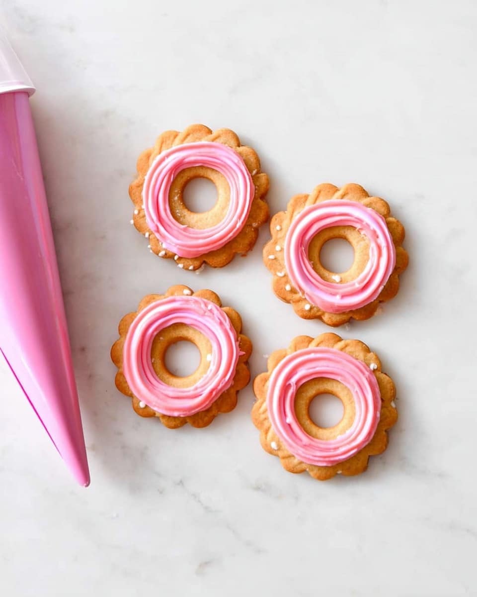 The image shows four round cookies with scalloped edges on a white marbled surface. Each cookie has a small round hole in the center. Pink icing is piped in two circular lines on top of each cookie—one line near the edge and the other around the inner hole. A pink icing piping bag lies next to the cookies on the left side of the image. The overall setting is bright and clean. photo taken with an iphone --ar 4:5 --v 7