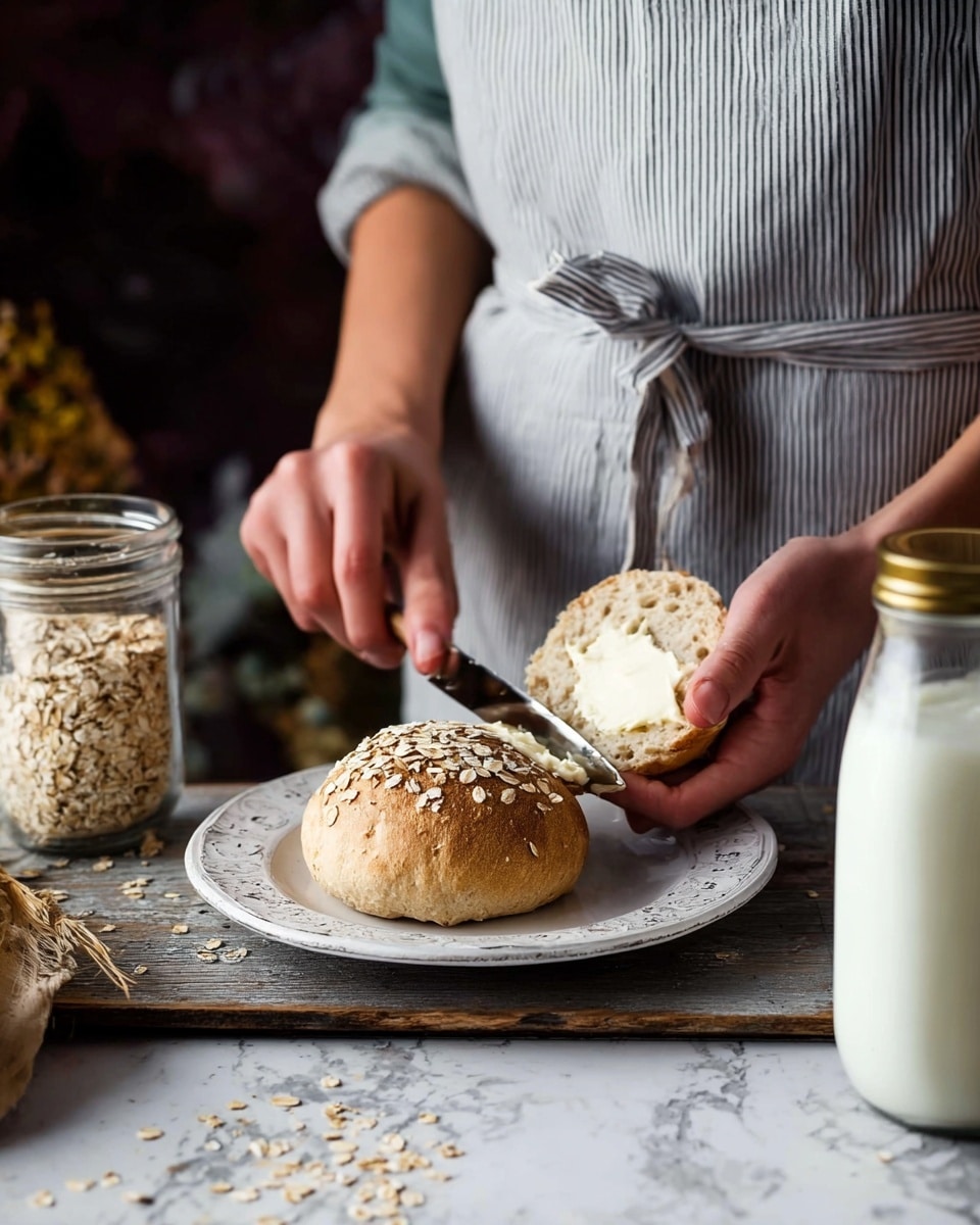 A metal bowl holds nine round bread rolls with a light brown color and a soft, slightly rough texture. Each roll is topped with a small sprinkle of oats, adding a touch of white and light beige on their surfaces. The bowl is lined with a white cloth, and the arrangement of the rolls is slightly piled up in the center. The background is a white marbled texture, with a green plant partially visible on the left side and a white ceramic cup nearby. The lighting is natural, highlighting the warm tones of the bread. photo taken with an iphone --ar 4:5 --v 7