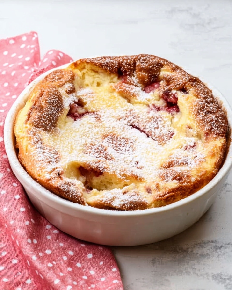 A round white ceramic dish holds a baked bread pudding with a golden-brown top sprinkled lightly with powdered sugar, showing soft, creamy layers inside with hints of red jam or fruit sauce swirled through. The top crust looks slightly cracked and uneven, revealing the moist, thick filling beneath, which has a pale yellow and light brown color mixed with the red fruit layers. The dish sits on a white marbled surface with a pink cloth with white polka dots nearby. Photo taken with an iphone --ar 4:5 --v 7