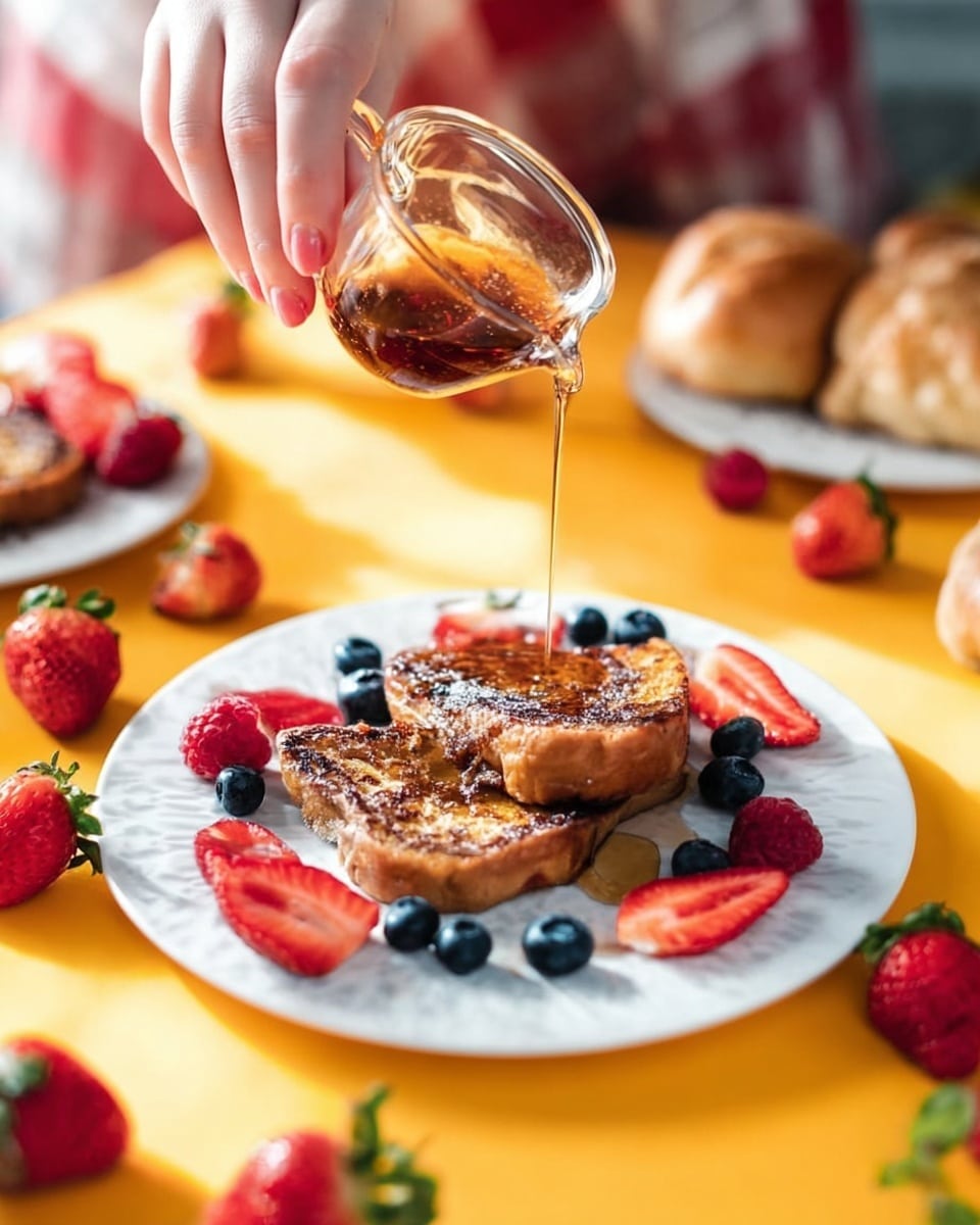 Three plates of French toast are shown on a white marbled surface, each plate holding two browned slices with powdered sugar dusted on top; two plates have white with yellow stripes while one is solid yellow. Each plate is decorated with scattered fresh strawberries, blueberries, and raspberries around the toast. There are two hot cross buns placed on white plates with napkins nearby. A red bowl filled with whipped cream is visible, along with a heart-shaped red bowl full of mixed berries. A golden fork is placed near two of the plates. The scene is bright with many loose strawberries and blueberries spread around, set on an orange tiled background. Photo taken with an iphone --ar 4:5 --v 7