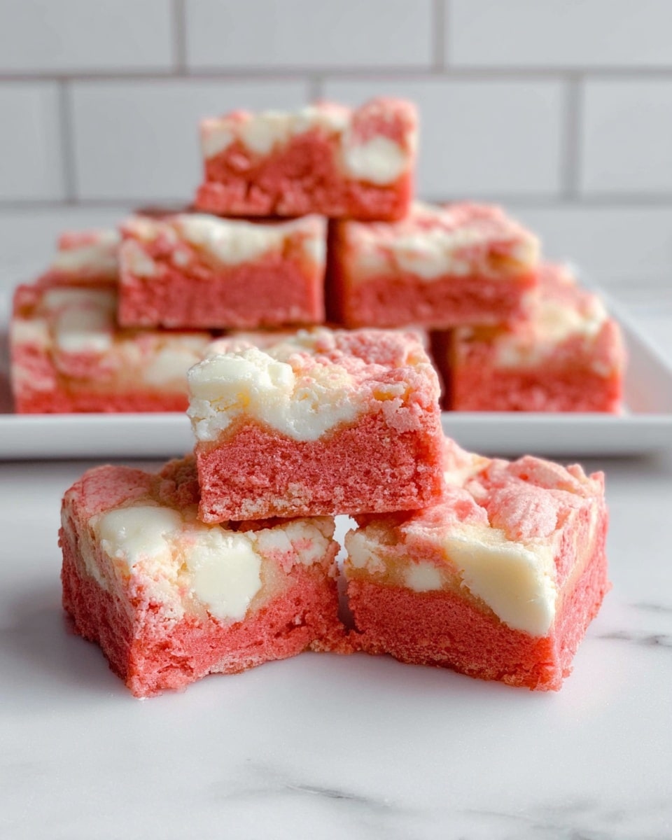 The image shows a close-up of a small square dessert bar on a white round plate, placed on a white cloth over a white marbled surface. The dessert has three visible layers: the bottom layer is smooth and pink, the middle layer is creamy white with a soft texture and white chips embedded in it, and the top layer is crumbly and pink with a rough texture, featuring some scattered white chips. Behind the plate, there is a white rectangular dish filled with similar square dessert bars stacked in two layers, showing the same three-layer pattern. The photo is taken with an iphone --ar 4:5 --v 7