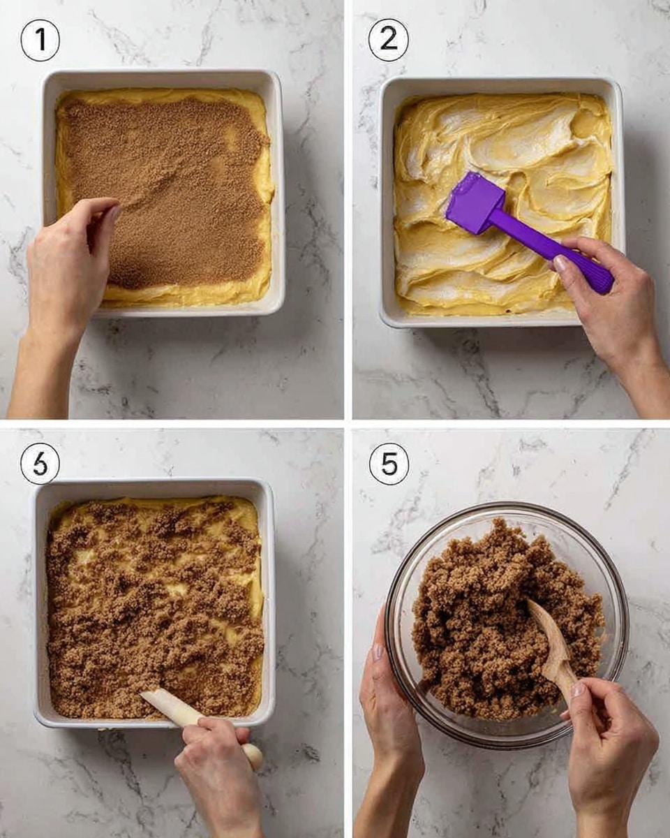 The images show a step-by-step baking process in a white square pan on a white marbled surface. In the first panel, a woman's hand sprinkles a brown sugar-like layer evenly over a yellow batter spread in the pan. The second panel shows a woman's hand using a purple spatula to spread a thicker creamy yellow batter over the brown sugar layer. In the third panel, the woman's hands mix a crumbly brown topping in a clear glass bowl. In the final panel, a woman's hand sprinkles the crumbly brown topping evenly over the layered batter in the white pan. Photo taken with an iphone --ar 4:5 --v 7