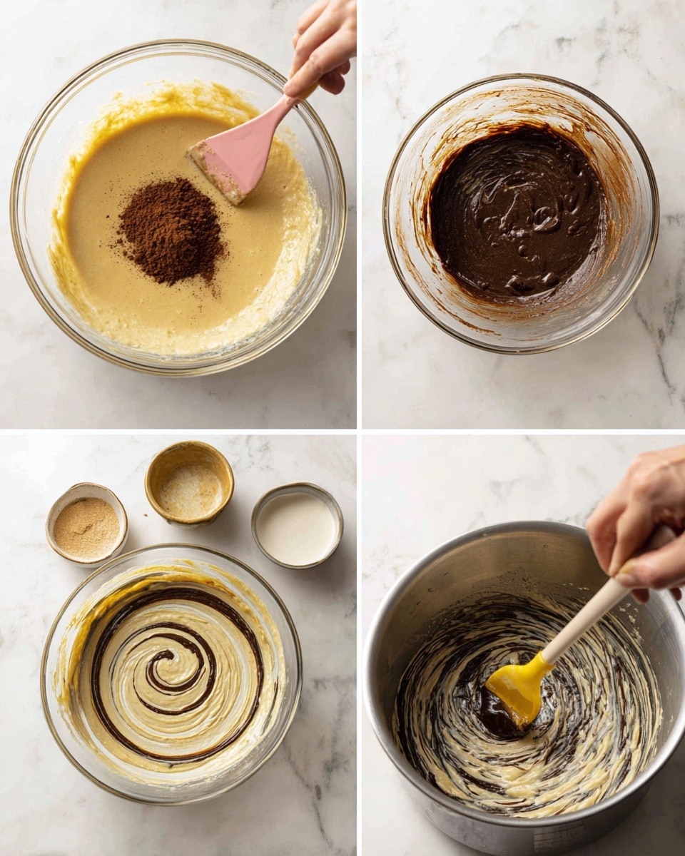 The image shows four stages of making a layered dessert. In the first stage, a clear glass bowl contains a beige batter with a heap of dark brown powder on one side and a pink spatula stirring. The surface underneath is white marbled. In the second stage, a clear round dish has alternating concentric rings of light beige and dark brown batter, creating a striped circle pattern. Two small bowls sit nearby, one with light batter and a spoon, and the other with dark brown mixture, all on a white marbled surface. The third stage is a close-up of the round dish, where a woman's hand is holding a spoon adding a dollop of dark batter to the center of the striped batter rings. In the final stage, a metal pot shows a swirling mix of dark brown and white ingredients being blended with a yellow spatula, on the same white marbled surface. Photo taken with an iphone --ar 4:5 --v 7