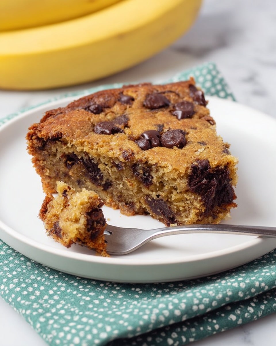 A single slice of a thick, golden-brown chocolate chip cake with a slightly rough texture is placed on a plain white plate. The cake has visible dark chocolate chunks scattered throughout its dense, moist layer. A small piece of cake is lifted from the slice by a silver fork resting on the right side of the plate. The plate sits on a green cloth with a white circular pattern, all set against a white marbled surface. In the background, two yellow bananas are partially visible. photo taken with an iphone --ar 4:5 --v 7