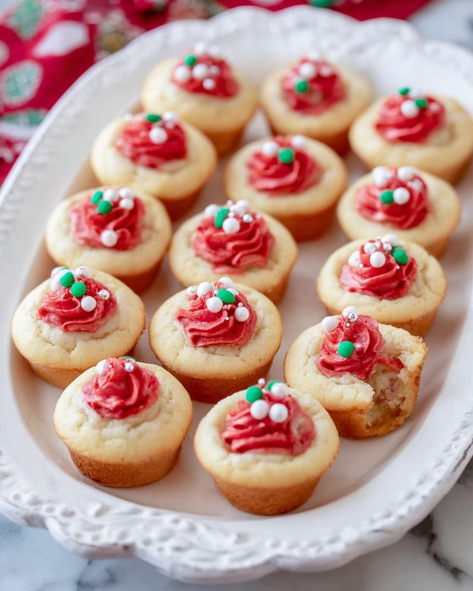 The image shows a group of small cupcakes arranged on a silver wire cooling rack. Each cupcake has a light golden-brown base with a slightly rough texture. On top of each cupcake is a small dollop of smooth, bright red frosting, decorated with a few tiny green and red sprinkles that look like dots and leaves, giving a festive look. The wire rack sits on a white marbled surface, and to the right, there are colorful silicone whisks in red, blue, and white, slightly out of focus. The lighting is soft and natural, creating a warm and inviting feel. photo taken with an iphone --ar 4:5 --v 7