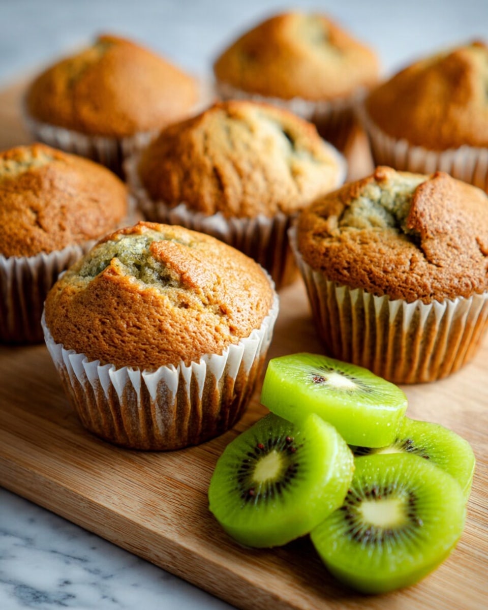The image shows a close-up view of eight golden-brown muffins with rough tops and soft texture, arranged closely on a wooden surface. The muffins have light golden tops with some darker brown spots and slight cracks, showing a fluffy inside with bits of what seems like fruit or nuts. To the right side, there are five bright green slices of kiwi fruit with a fresh and juicy look, arranged in a slightly overlapping line. The background is a white marbled texture. photo taken with an iphone --ar 4:5 --v 7