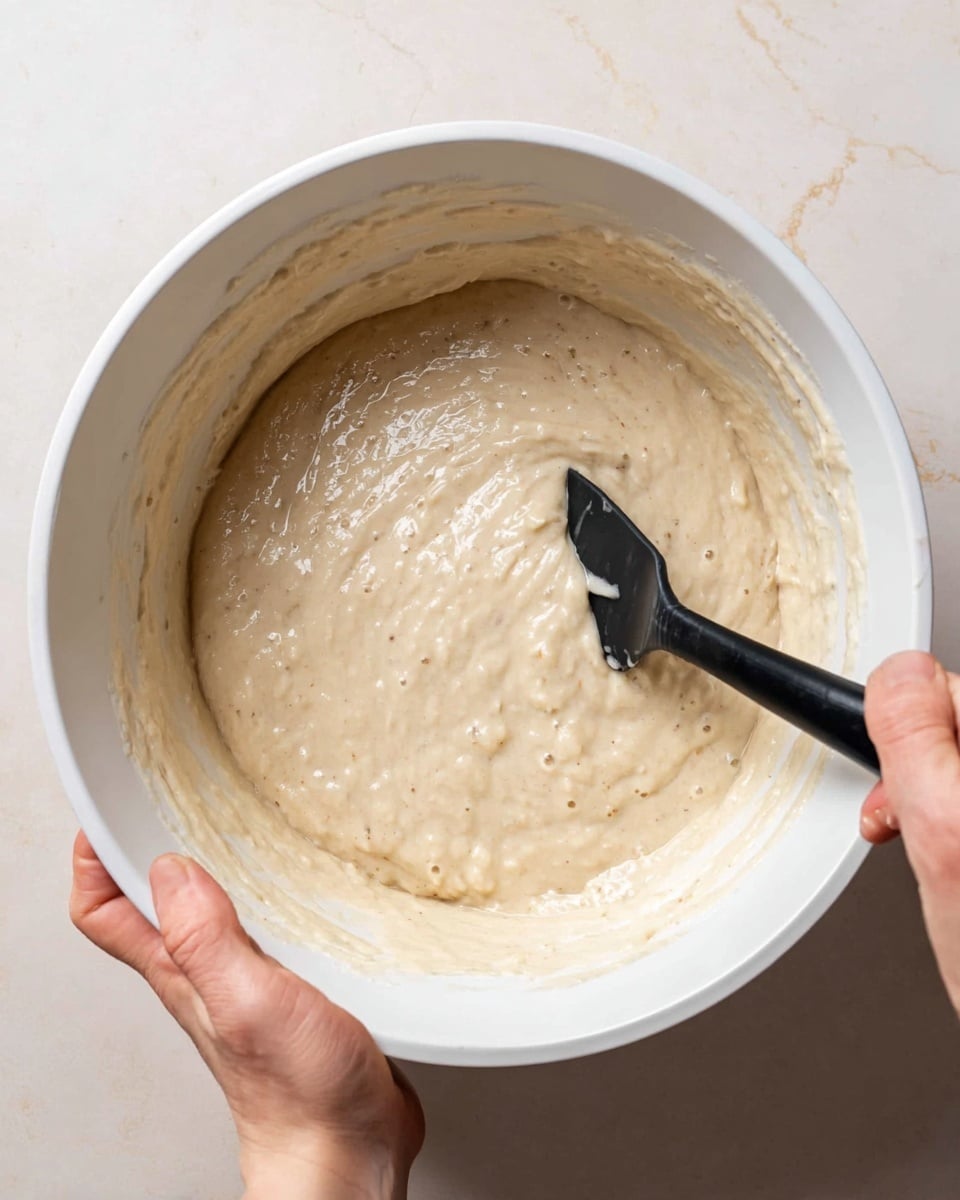 A white mixing bowl filled with light beige, thick batter that looks smooth with some small air bubbles on the surface, showing a soft, slightly sticky texture. A black spatula stirs the batter on the right side, covered in batter, while a woman's hand holds the bowl steady on the left side. The bowl is placed on a white marbled surface, creating a clean and bright background. The batter fills most of the bowl, with some batter stuck to the sides. Photo taken with an iphone --ar 4:5 --v 7