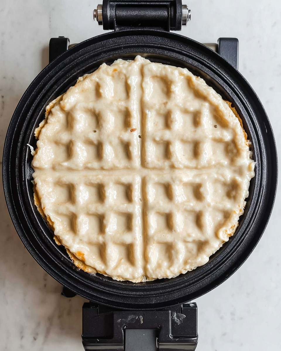 The image shows a close-up of waffle batter cooking in a black waffle iron, with a single thick layer of light beige batter spread evenly inside the iron. The edges of the batter slightly overflow the waffle iron's square grid pattern, showing where the batter is bubbling and starting to cook. The waffle iron is centered on a white marbled surface, and the scene is well-lit with soft natural light. Photo taken with an iphone --ar 4:5 --v 7