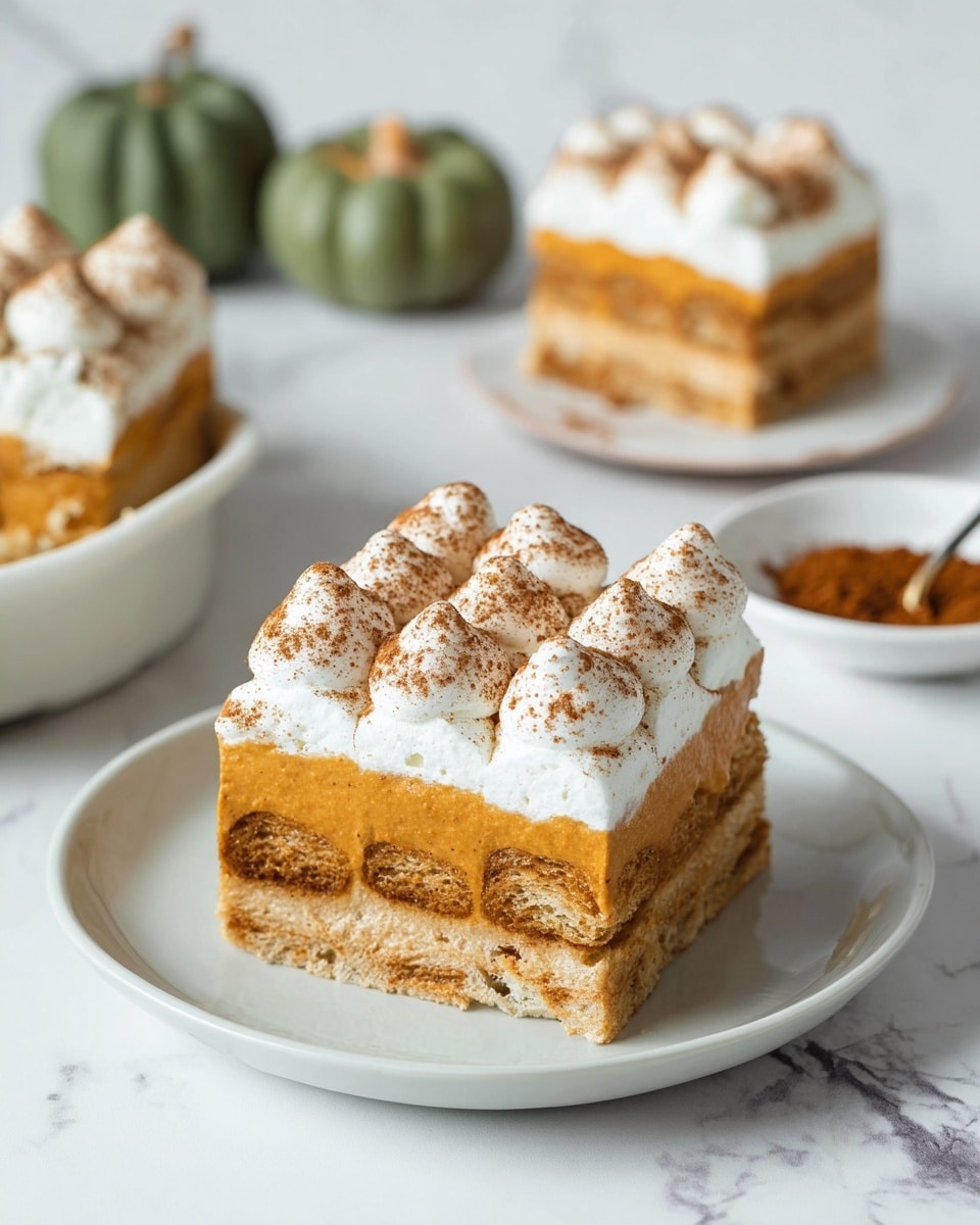 A square slice of layered dessert is shown on a white plate. The bottom layer is a light brown, soft cake with a slightly textured look. Above it is a thick, smooth orange cream layer, followed by another layer of the same light brown cake. On top, there are cream dollops forming small peaks, dusted with a fine brown powder, likely cinnamon. In the background, there is another similar slice on a white plate, two small green pumpkins, and a small white dish filled with brown powder and a small spoon, all on a white marbled surface. Photo taken with an iphone --ar 4:5 --v 7